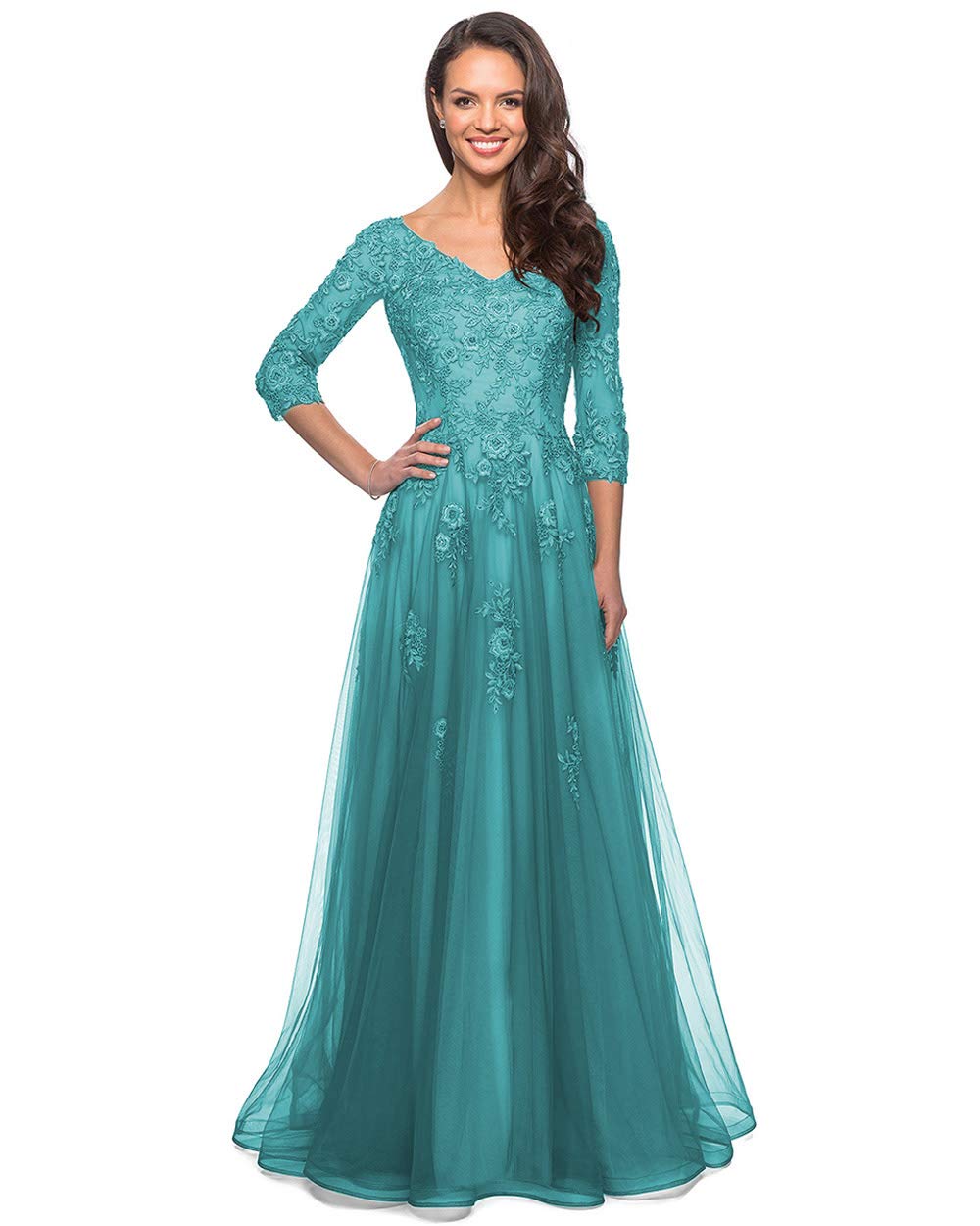 Elegant Floral Lace Applique 3/4 Sleeve V-Neck Formal Dress for Women - Mother of The Bride Gown with Pockets | Perfect for Weddings, Parties & Special Occasions