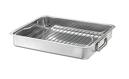 INTR Stainless Steel Roasting Pan with Grill Rack - 16 x 13 Inches Oven Safe Roaster for Turkey, Chicken, Vegetables | Heavy Duty Baking Sheet, Broiler Tray & Cast Iron Skillet Alternative | Perfect for Thanksgiving, Christmas & Family Dinners