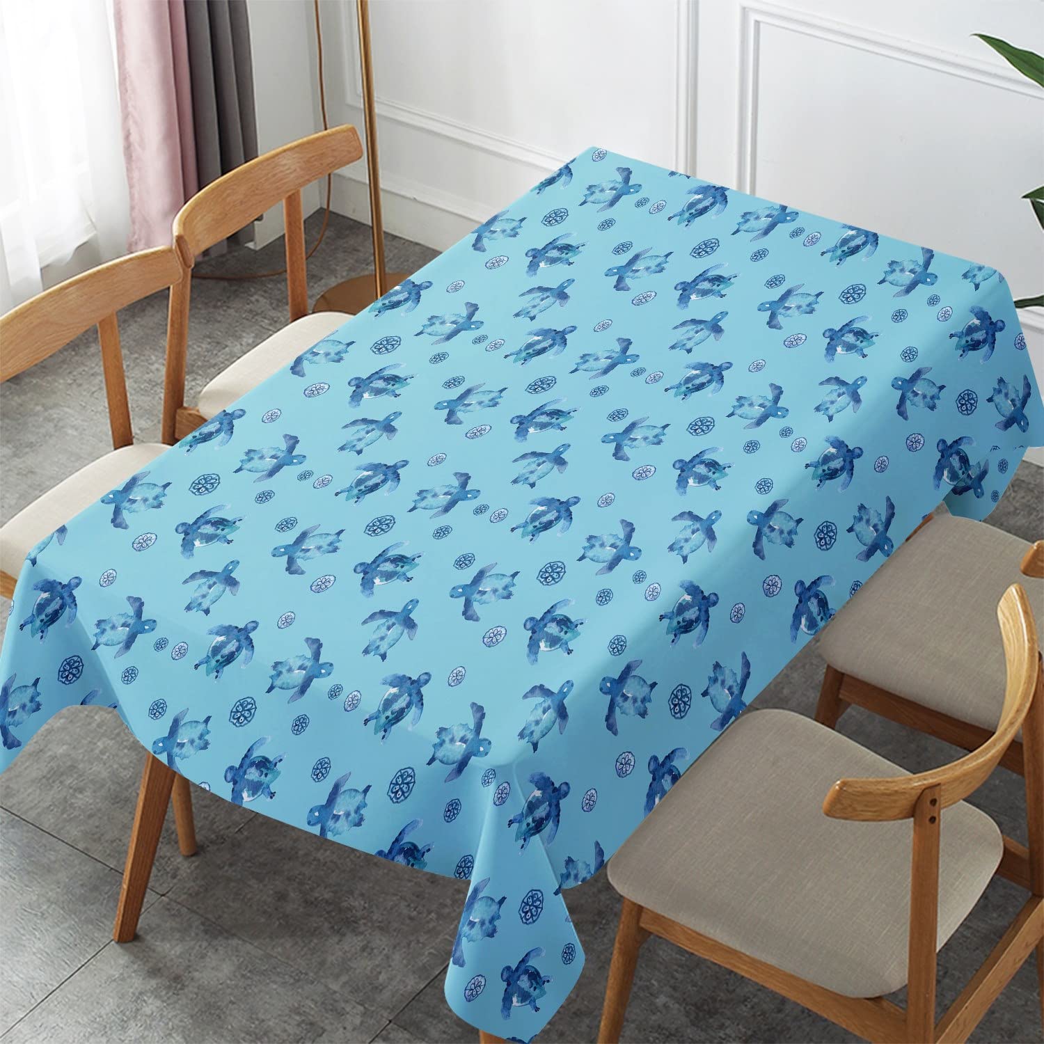 Orlco Art Blue Turtle Shells Rectangle Tablecloth - Tropical Coral Reef Fish & Jellyfish Design - Waterproof Table Protector for Outdoor Wedding, Party, Dining Room - 54 x 70.9 Inches - Perfect for Beach Themed Events, Summer BBQs, and Coastal Home Decor