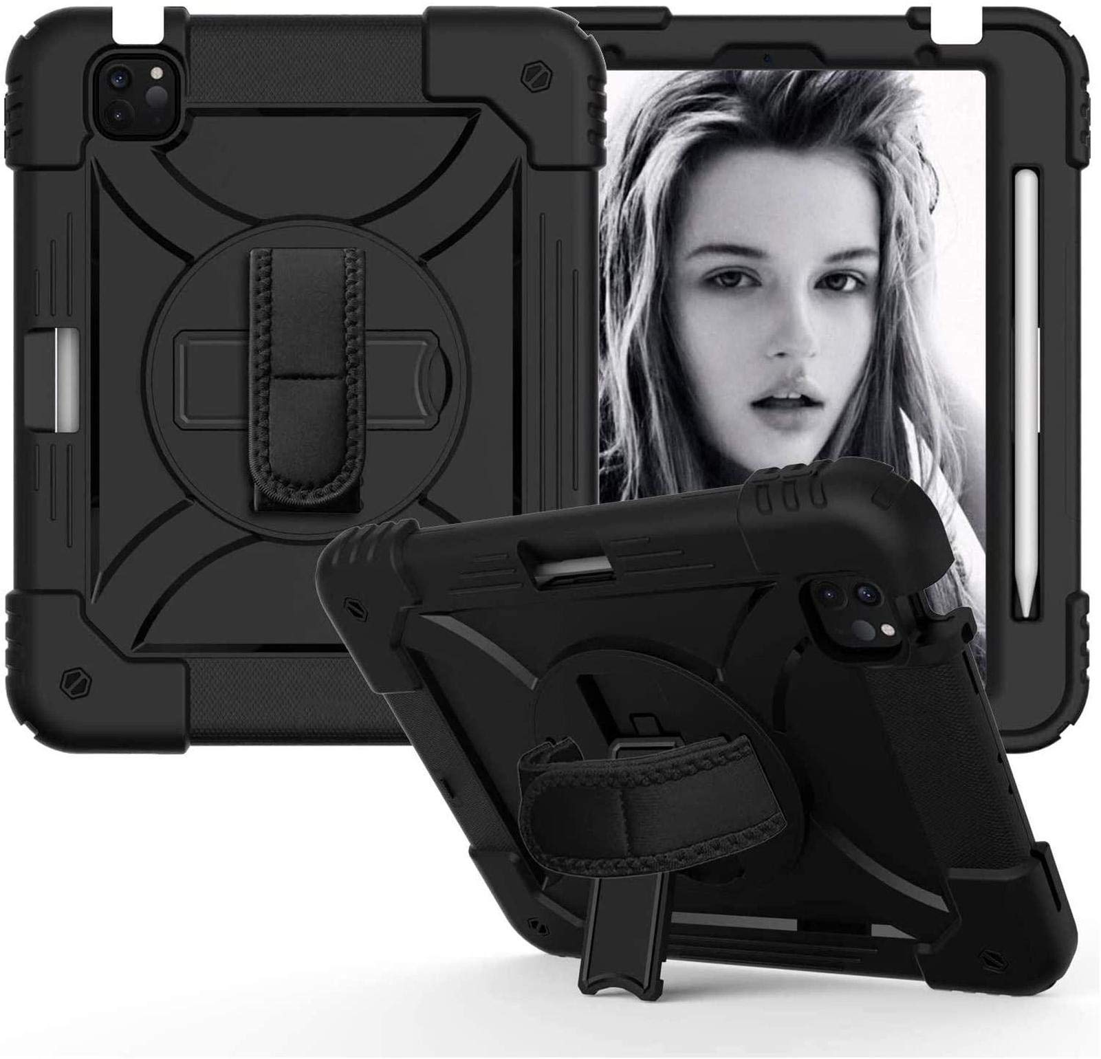 Shockproof Kids Case for iPad Air 4 (10.9 Inch 2020 Model) - Heavy Duty Protective Cover with Pencil Holder, Hand Strap, Kickstand & Shoulder Strap | Perfect for School, Travel & Outdoor Activities | Black