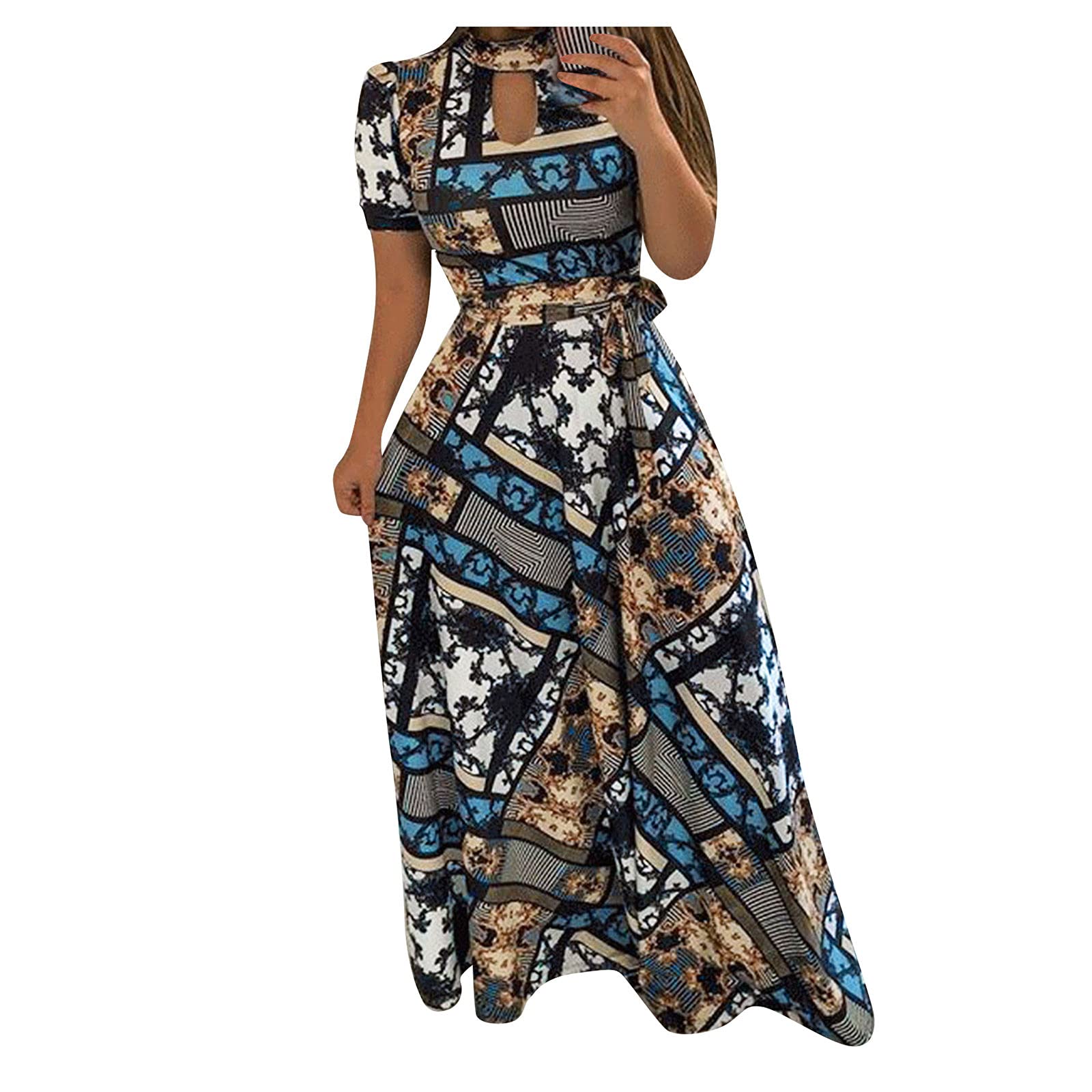 Women's Floral Print Short Sleeve Maxi Dress - Summer Beach Party Outfit, Elegant Casual Long Dress for Vacation, Date Night & Outdoor Events (Style A1952)