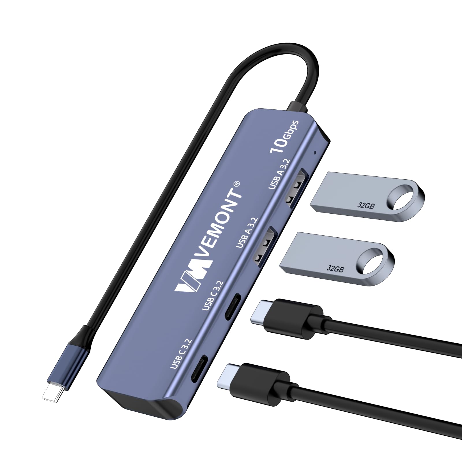 VEMONT Aluminum USB C Hub 3.2 Gen 2 (10Gbps) with 2 USB-C & 2 USB-A Ports - Ultra Slim Multi-Port Adapter for MacBook Pro/Air 2022/2021, iPhone 15, iPad Pro, Dell XPS, Surface Pro | Perfect for Office Work, Travel & Home Use