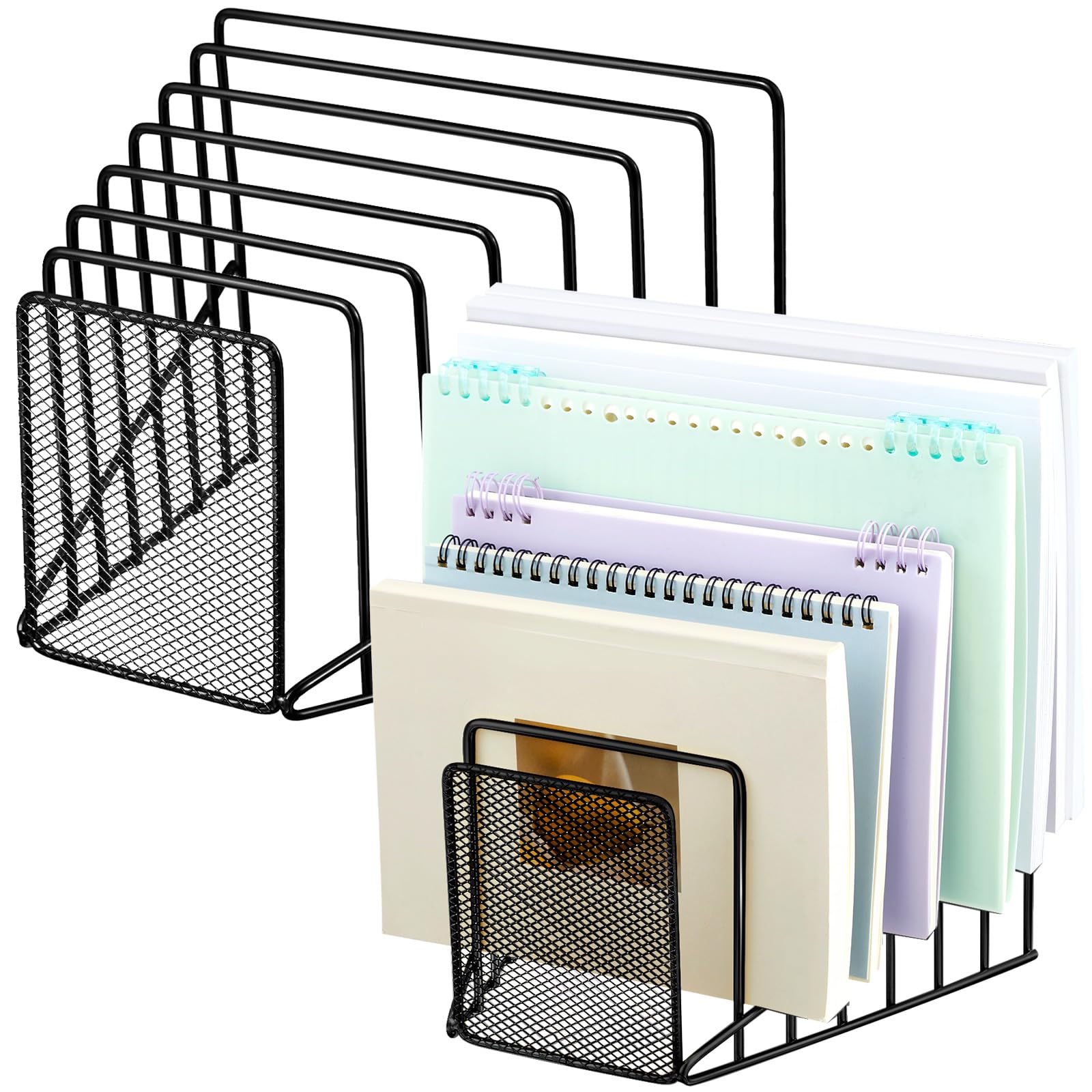2-Pack Black Metal Wire Mesh File Sorter - 7 Slot Incline Desktop Organizer for Letters, Magazines, Books & Mail - Perfect for Home Office, School & Workspace Storage Solutions
