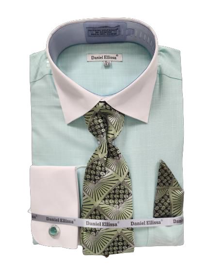 DANIEL ELLISSA JQD Pattern White Collar French Cuff Dress Shirt DS3831P2 Mint Green - Perfect for Business Meetings, Weddings & Formal Events