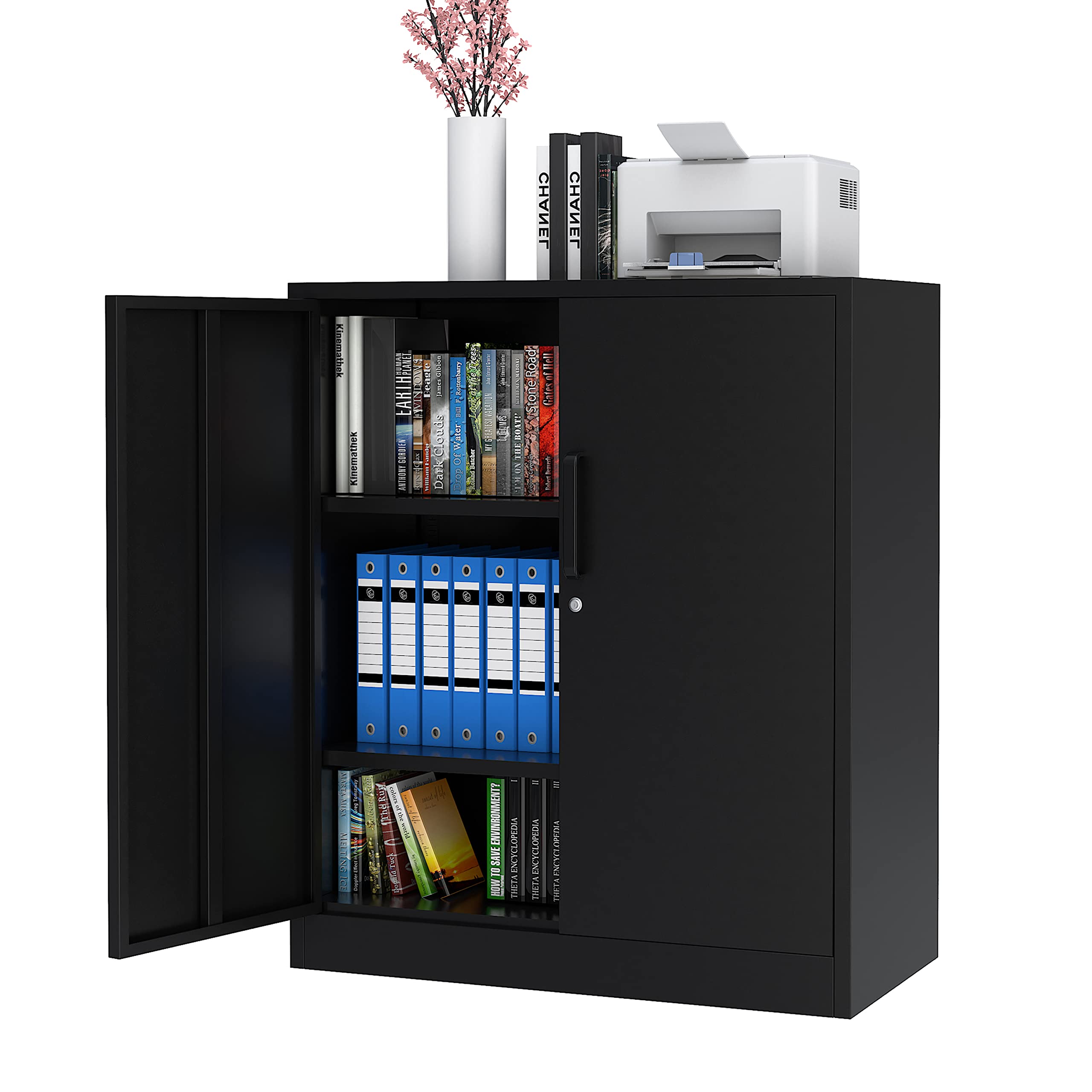 Black Metal Storage Cabinet with Adjustable Shelves & Locking Doors - Heavy Duty Garage & Home Office Organizer - Easy Assembly Counter High Locker for Tools, Supplies & Equipment