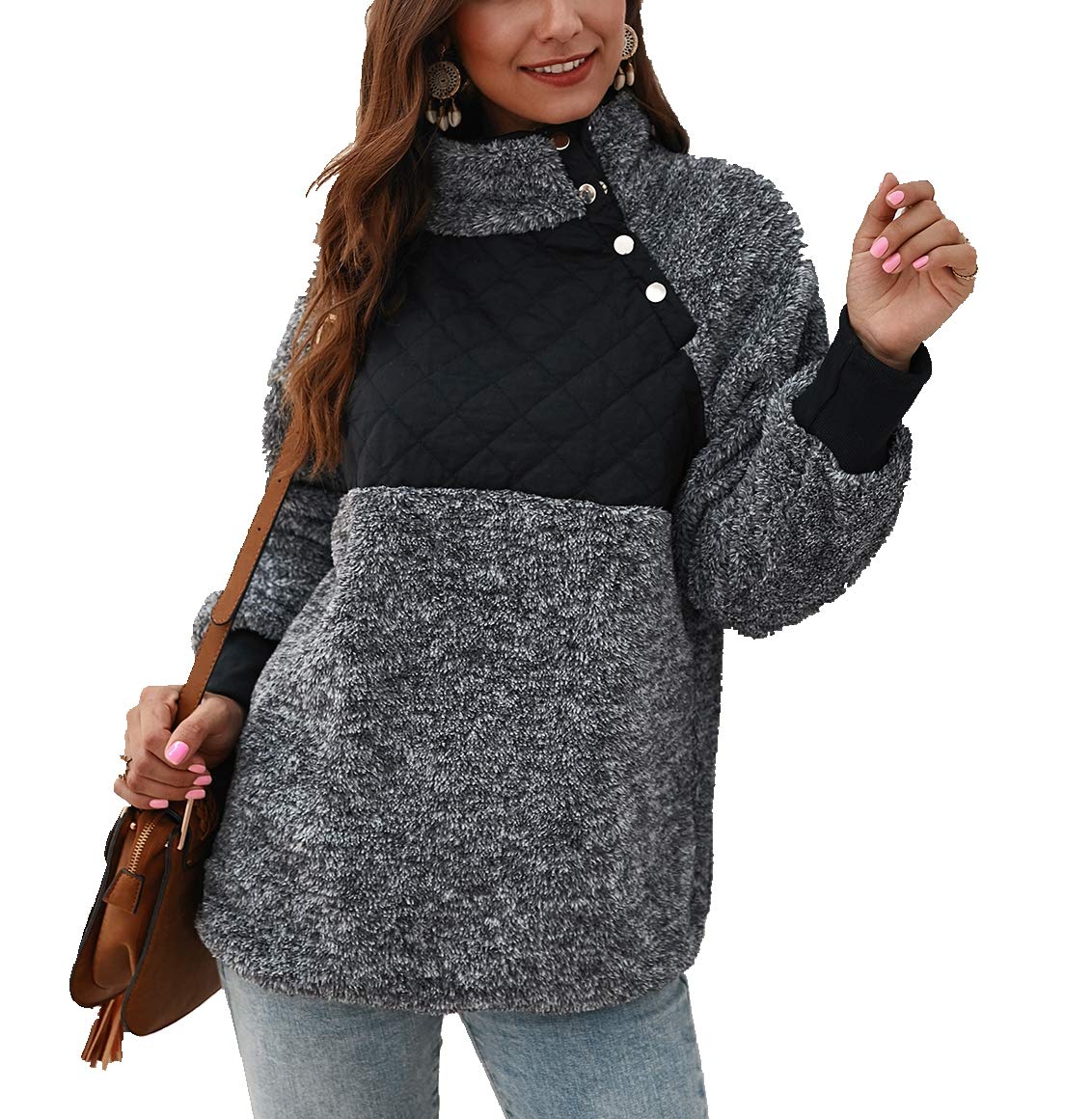 Women's Warm Sherpa Pullover Sweatshirt - Long Sleeve Fleece Button Neck Geometric Patchwork Casual Outwear for Winter Hiking and Cozy Nights