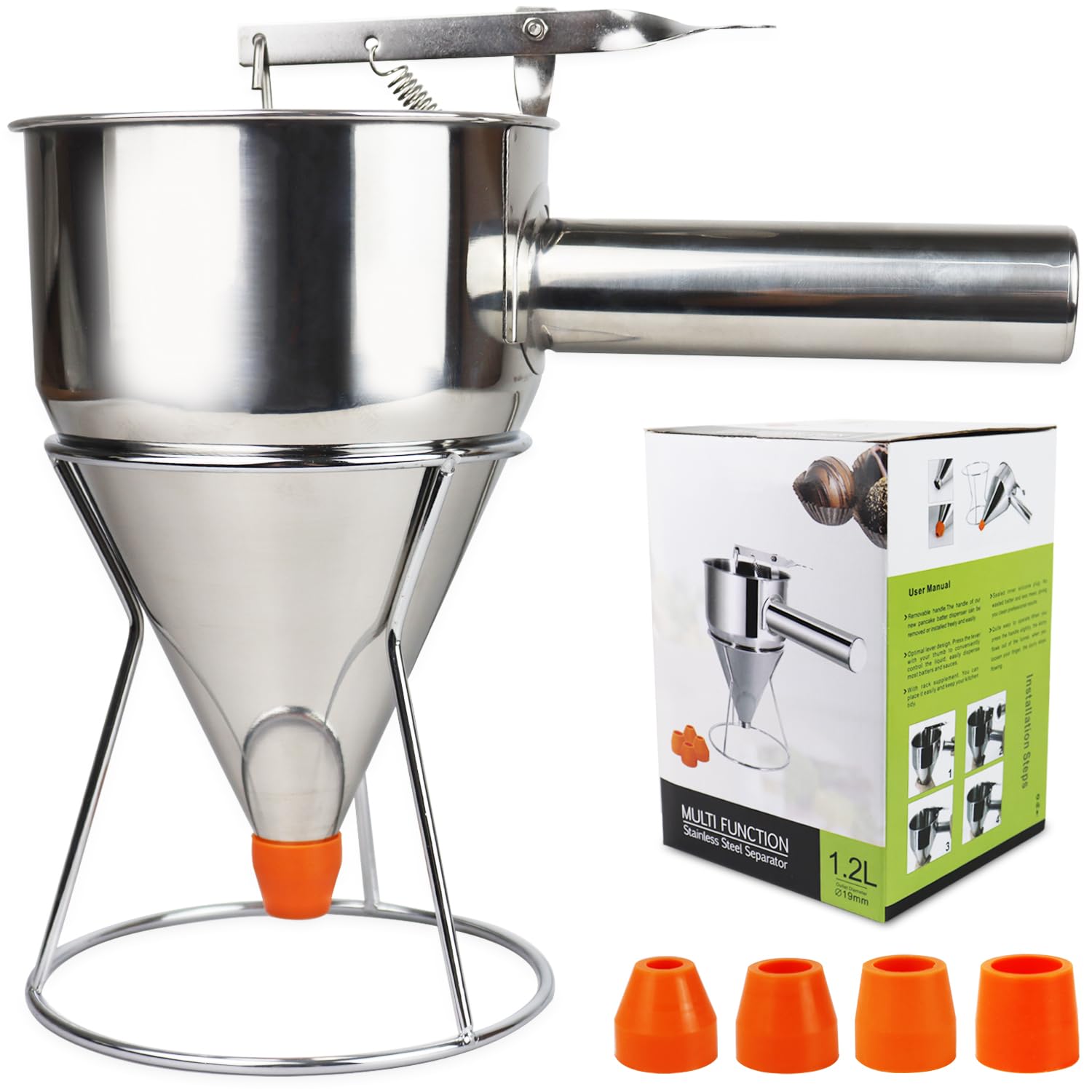 40oz Stainless Steel Pancake Batter Dispenser - Large 1200ml Funnel Cake Pourer with Stand | Commercial & Home Kitchen Use for Pancakes, Crepes, Waffles & Baking