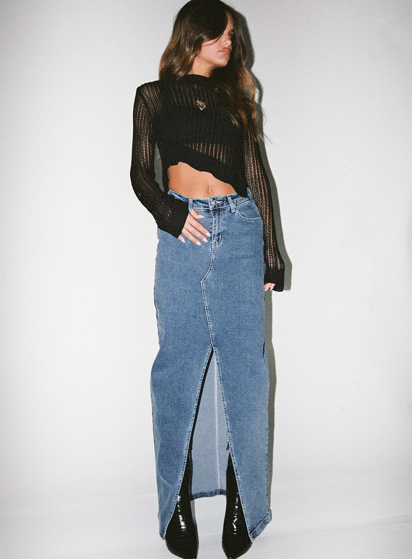 Batkins Maxi Skirt Dark Wash Denim - Women's High Waisted Long Denim Skirt for Casual Wear & Street Style Fashion