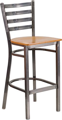 Clear Coated Ladder Back Metal Bar Stool with Natural Wood Seat - Durable Restaurant & Home Kitchen Counter Stool for Bars, Cafes, and Dining Areas