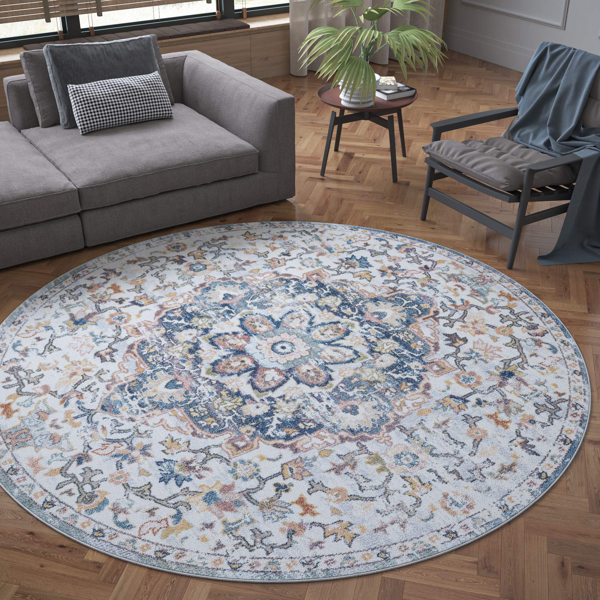Antonia Cream 6 Foot Round Area Rug - Traditional Oriental Design for Living Room, Bedroom & Dining Room - Perfect for Home Decor, Floor Protection & Cozy Ambiance