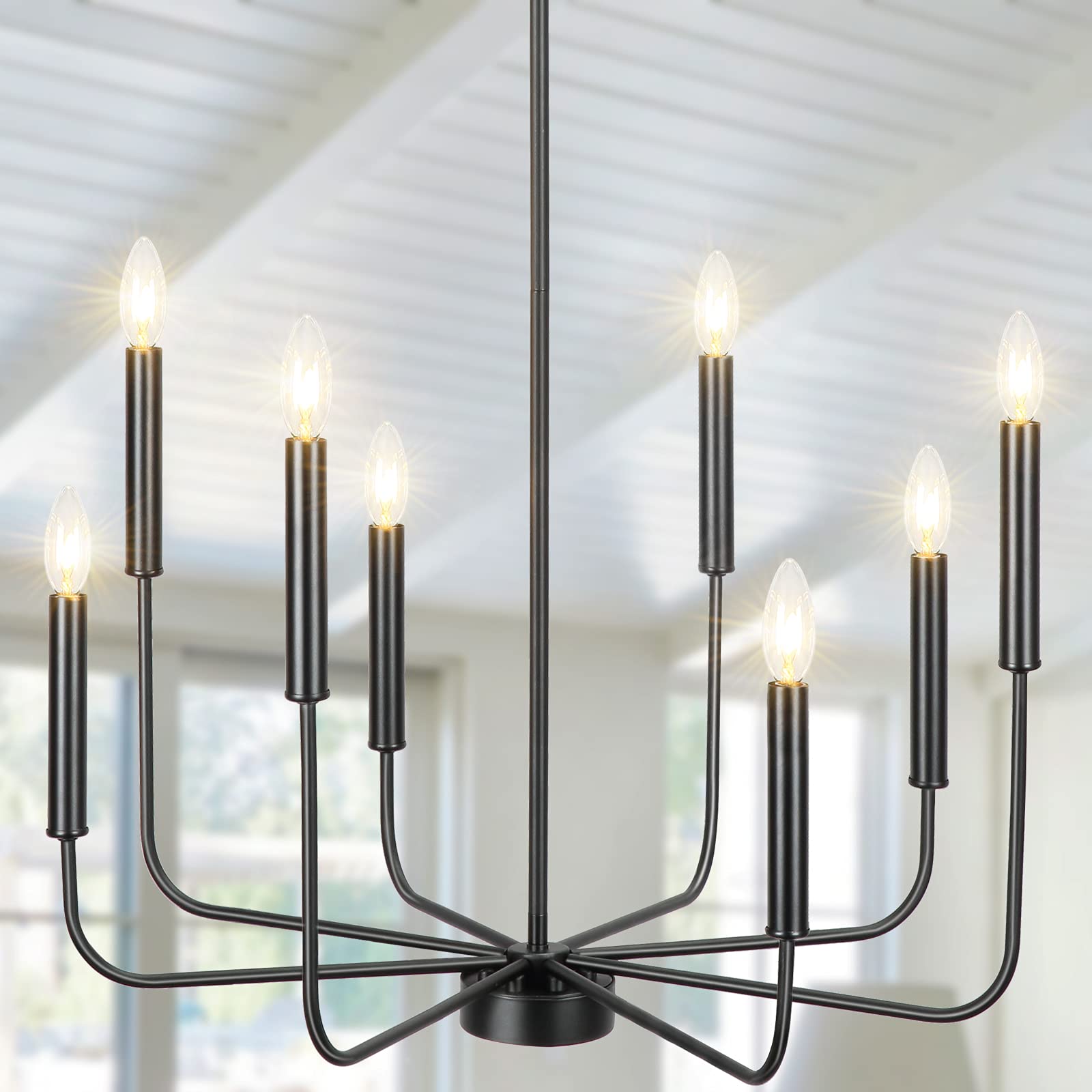 Derksic 8-Light Black Farmhouse Chandelier - Classic Wrought Iron Candle Style Pendant Light for Dining Room, Living Room & Kitchen Island - Perfect for Rustic Home Decor & Farmhouse Interior Design