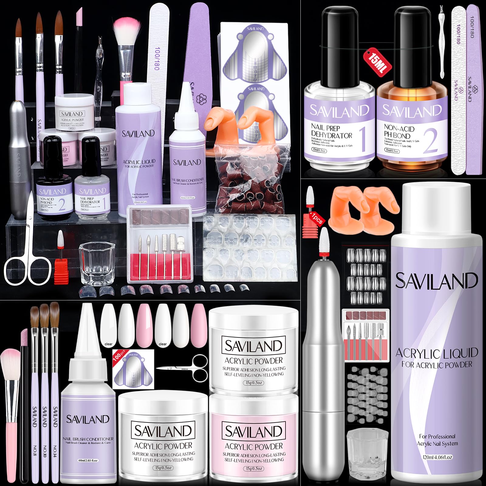 SAVILAND Acrylic Nail Kit for Beginners - 3 Colors Acrylic Powder & 4OZ Liquid Set with 50 Full Cover Nail Tips | DIY Nail Extension Starter Kit for Home Salon & Professional Practice | Perfect for Manicures, Nail Art & Acrylic Nail Applications