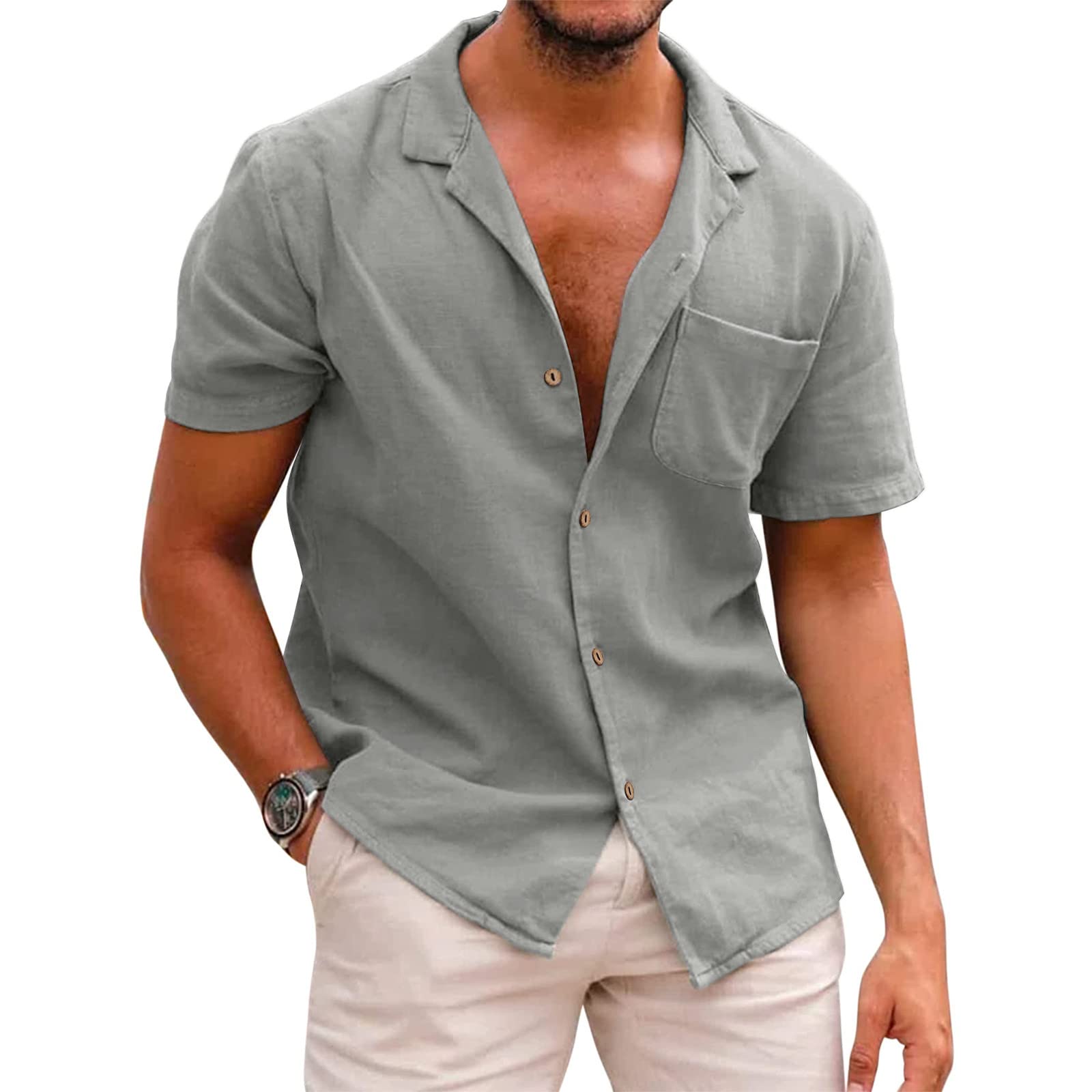 Men's Cotton Linen Short Sleeve Button Down Shirt with Turn Collar & Pockets - Casual Summer Beach Shirt for Outdoor Activities, Vacation & Hippie Style Fashion