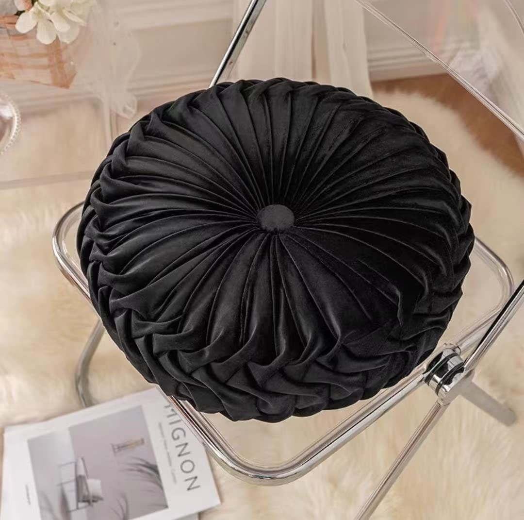 13.7 Inch Round Velvet Pleated Throw Pillow - Soft Decorative Cushion for Sofa, Bed, Chair & Car - Luxury Black Home Decor - Perfect for Living Room, Bedroom & Office