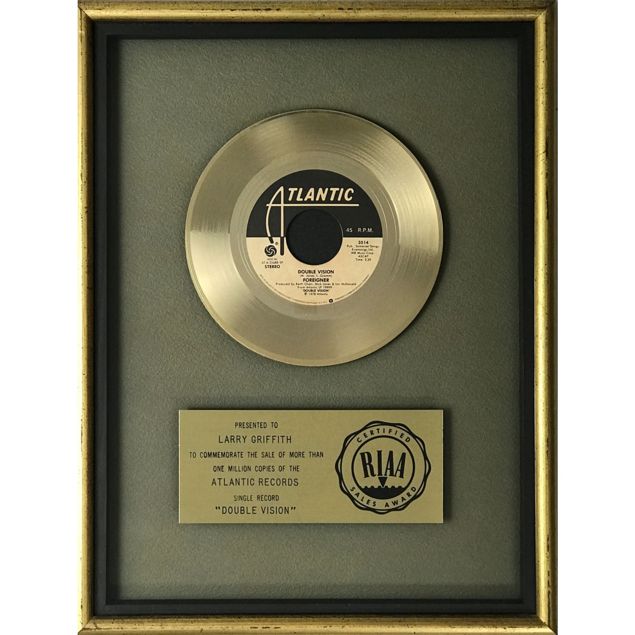 RIAA Gold Single Award - Double Vision Foreigner - Premium Music Collectible for Display & Memorabilia - Perfect for Home, Office & Fan Collections