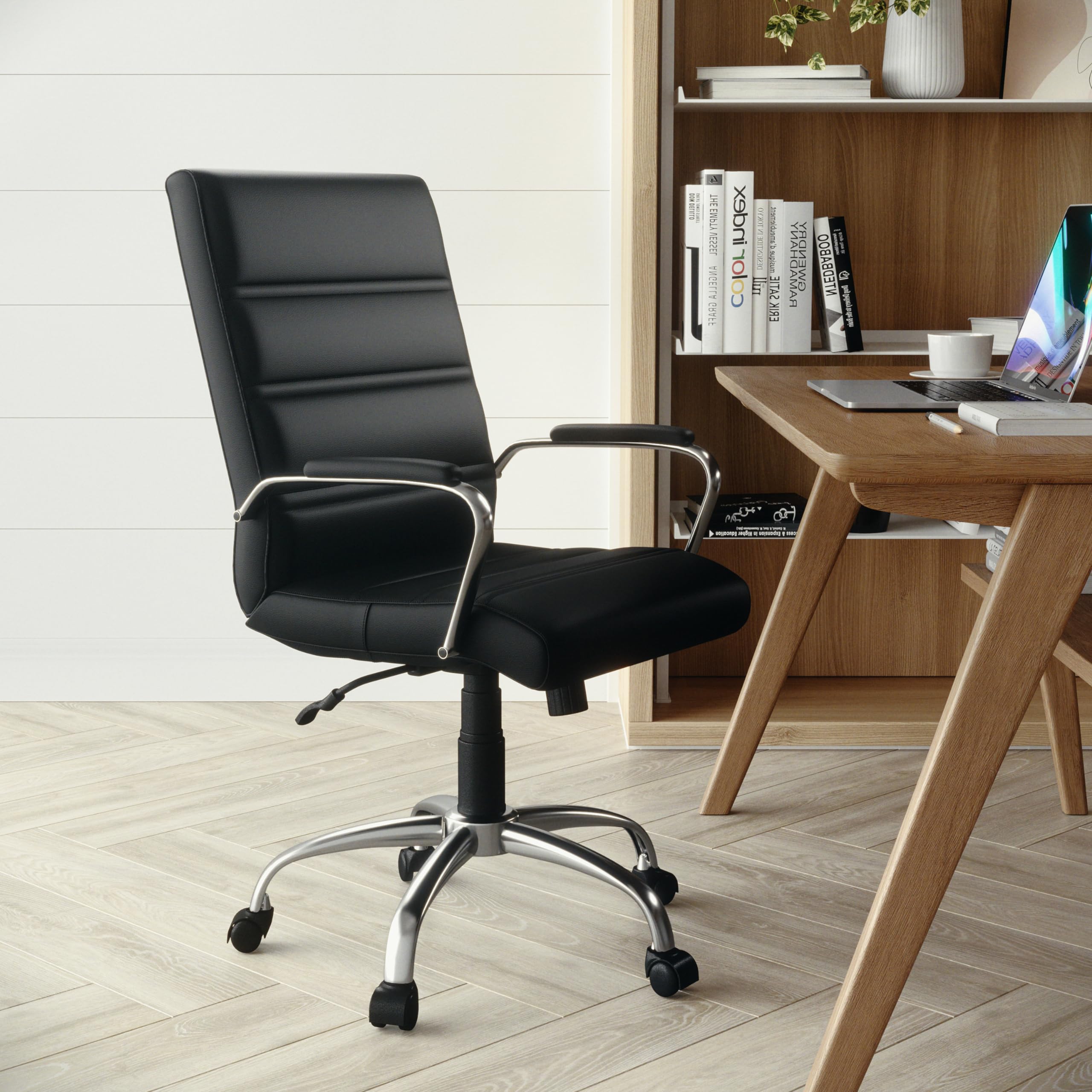 Premium Mid-Back Executive Office Chair - Black LeatherSoft Swivel Desk Chair with Chrome Base & Adjustable Height - Perfect for Home Office, Conference Rooms & Workstations