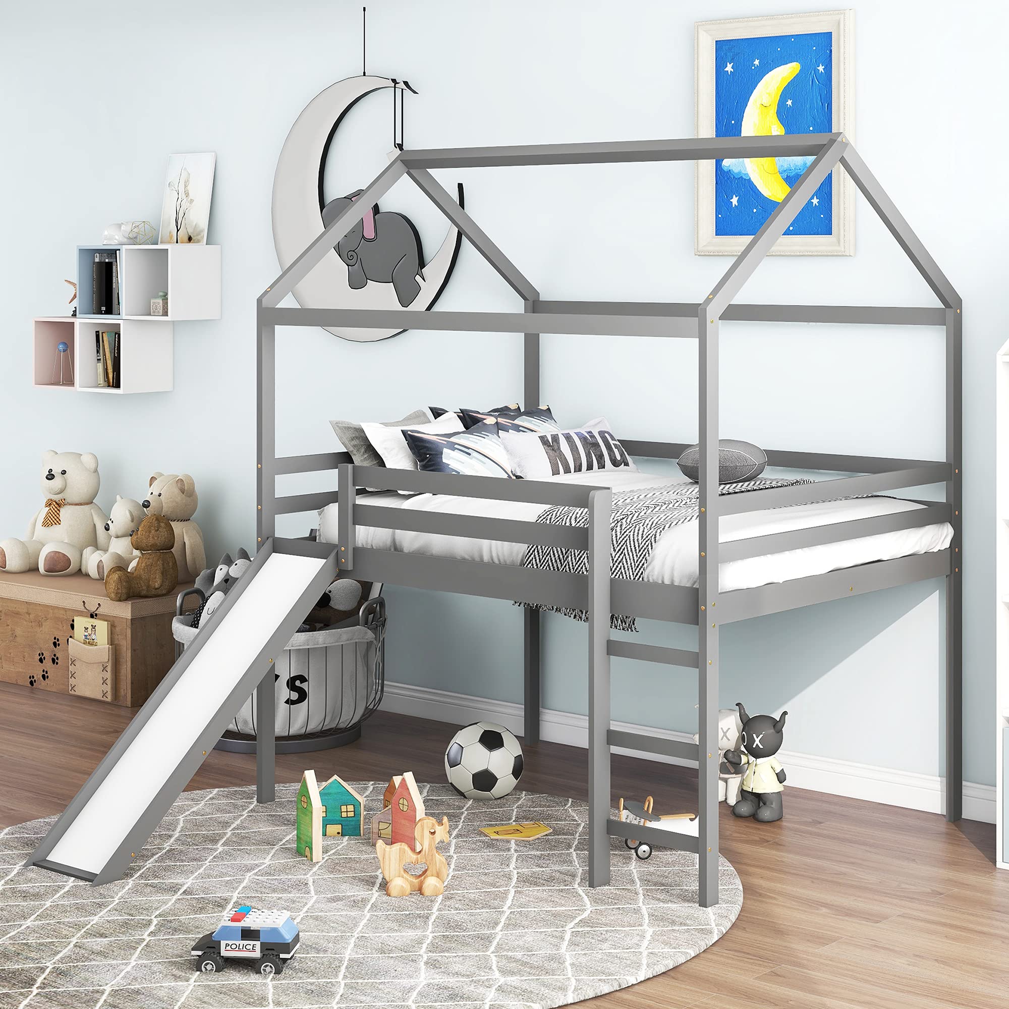 P PURLOVE Full Loft Bed with Roof & Slide - Sturdy Wooden Frame with Slats - Playhouse Bed for Kids & Teens - Perfect for Small Rooms & Play Areas (Gray)