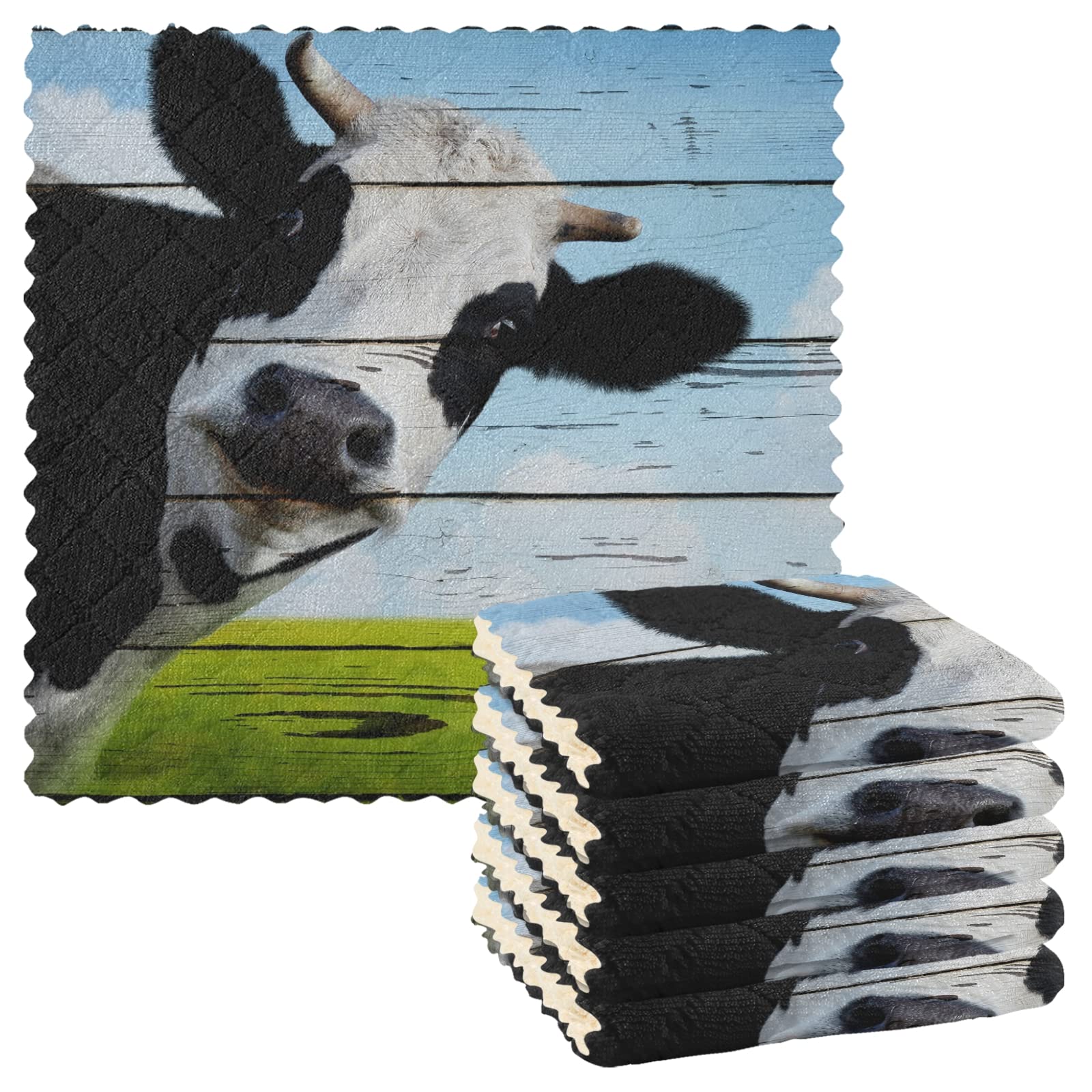 6-Pack Cow on Green Meadow Printed Kitchen Dish Towels - Super Absorbent, Lint-Free Waffle Weave Bar & Tea Towels (11x11 Inch) - Soft Washcloths for Dishes, Cleaning & Home Decor | Perfect for Farmhouse Kitchen, Coffee Bar & Gift Giving