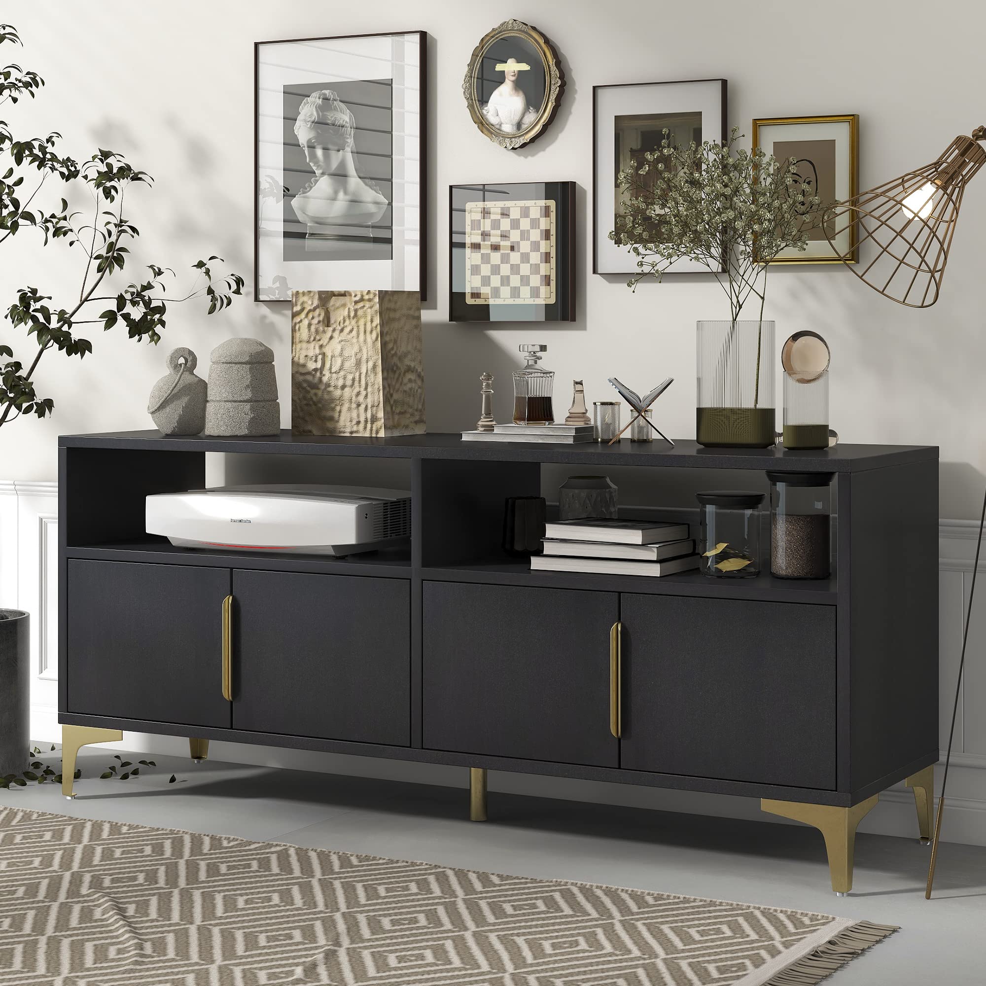 XD Designs Modern Accent Sideboard Storage Cabinet with Gold Metal Legs & Handles - Wooden Console Table Kitchen Buffet with Magnetic Suction Doors, Ample Storage Space (Espresso, 58