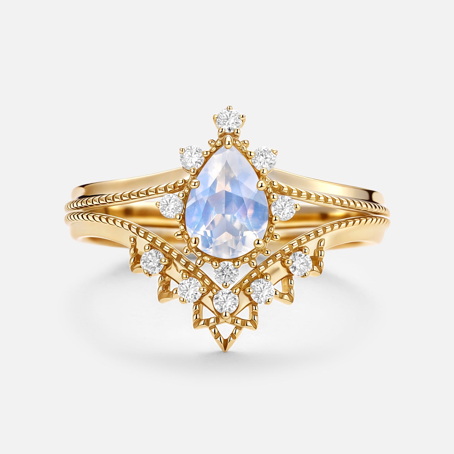 Moonstone & Moissanite Chevron Ring Set - 2 Piece Stackable Rings for Women | Perfect for Weddings, Anniversaries & Everyday Elegance