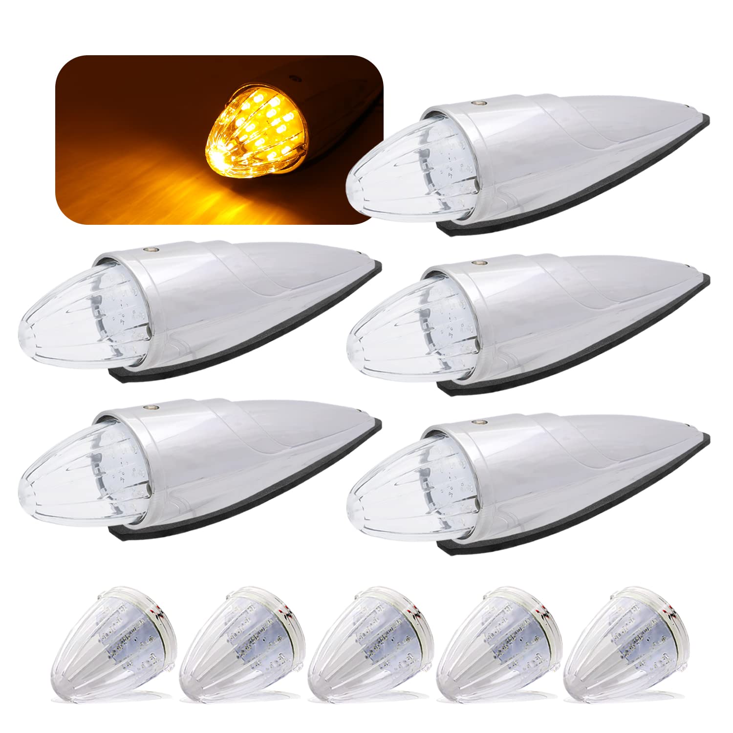 MADCATZ 15.5 Inch Amber LED Clear Lens Torpedo Cab Marker Lights (Pack of 5) - 12V DC Waterproof Roof Running Lights for Trucks & Trailers - Durable Chrome Housing for Heavy Duty Vehicles | Perfect for Semi Trucks, RV Campers, Commercial Trailers & Off-Road Vehicles