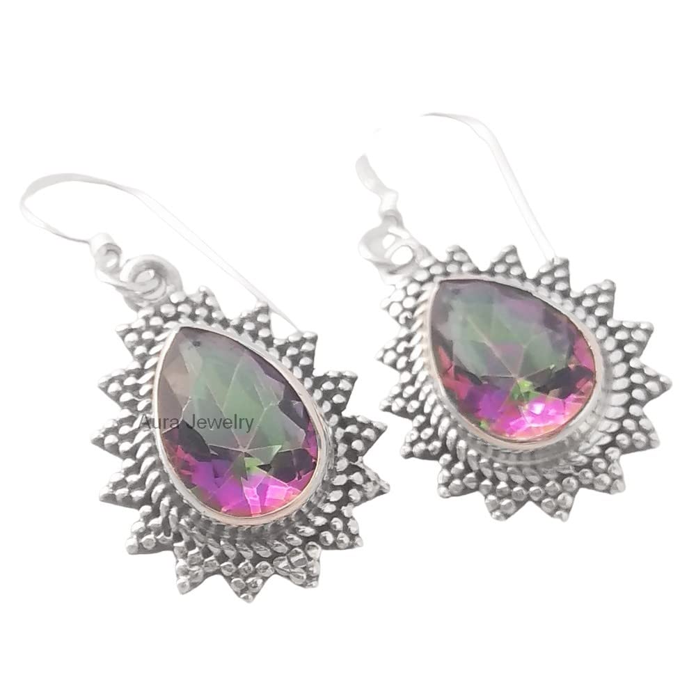 925 Sterling Silver Dangle Earrings for Women - Natural Mystic Topaz Bezel Set Pear Gemstone Earrings | Hypoallergenic Minimalist Jewelry | Perfect for Halloween Gifts, Party Wear & Everyday Elegance