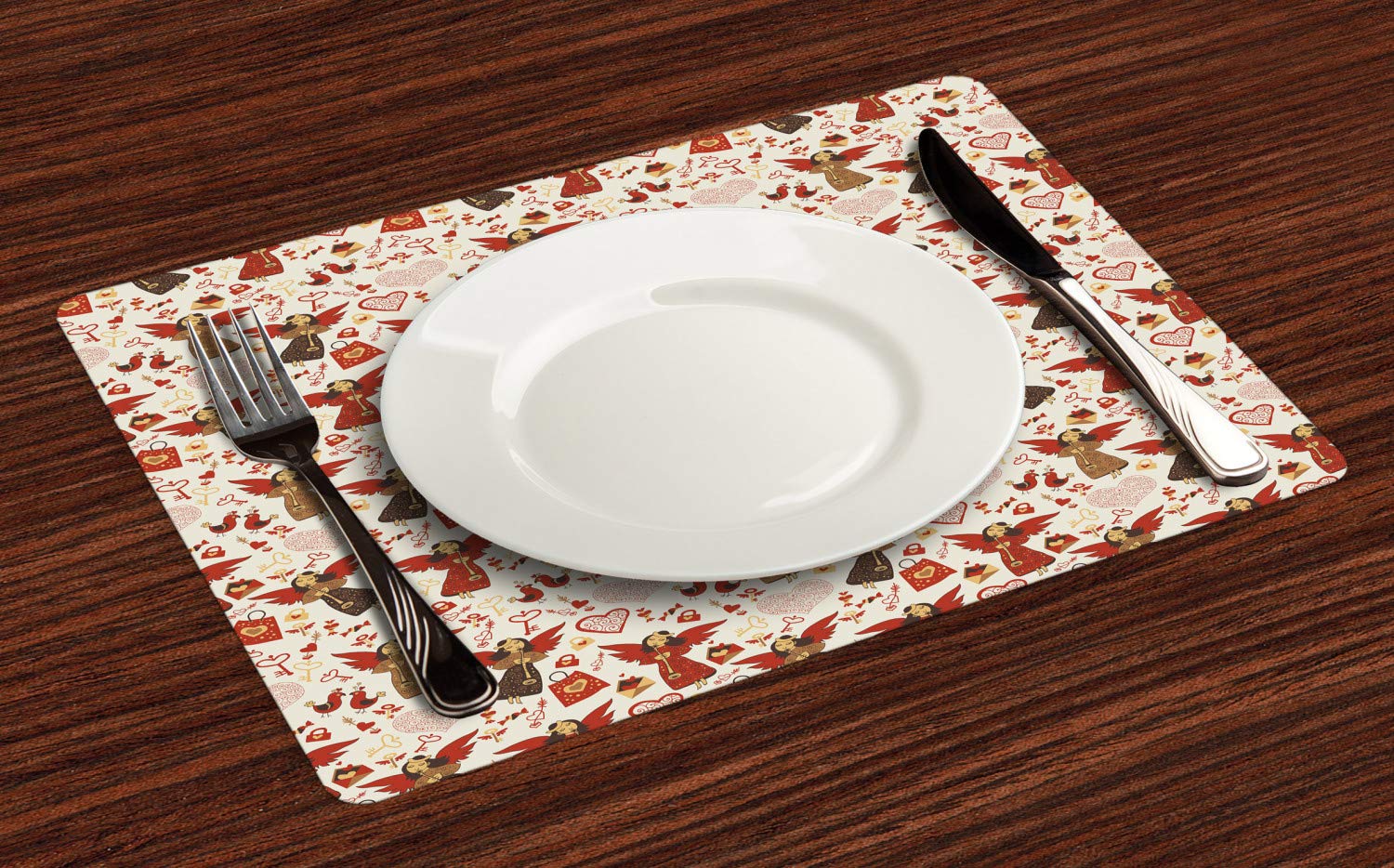 Ambesonne Angel Place Mats Set of 4 - Medieval Valentine Cupid Design with Music Notes & Doves - Washable Fabric Table Mats for Dining Room Decor - Standard Size (Eggshell Ruby Caramel) - Perfect for Romantic Dinners, Weddings & Valentine's Day Decorations