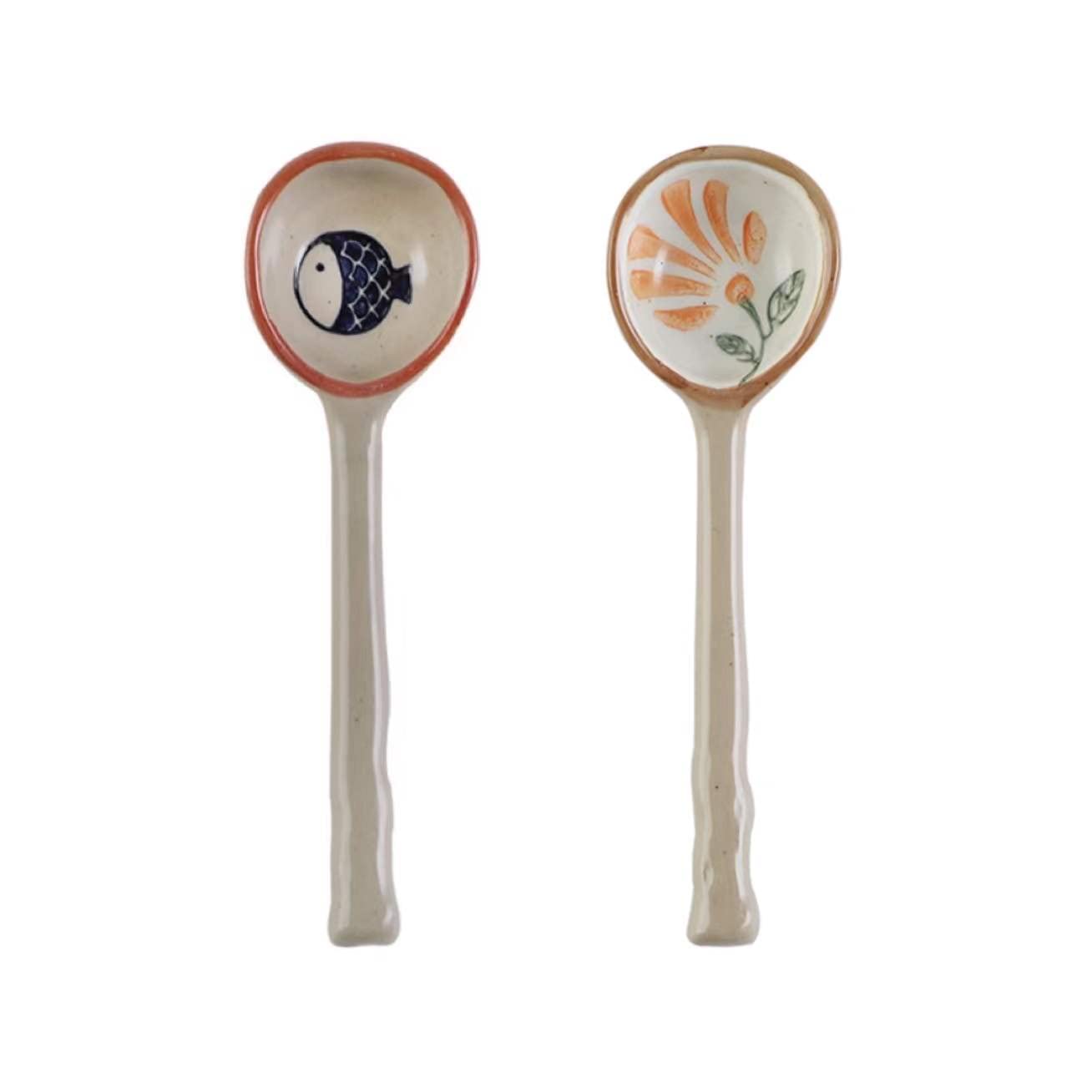 YUURAIN VUVU Handmade Japanese Large Soup Spoon - Long Handle Asian Ceramic Spoon for Ramen, Pho, Noodles & Soup - Retro Style with Cute Hand-Painted Design (Set of 2) - Perfect for Asian Cuisine, Home Dining & Restaurant Use