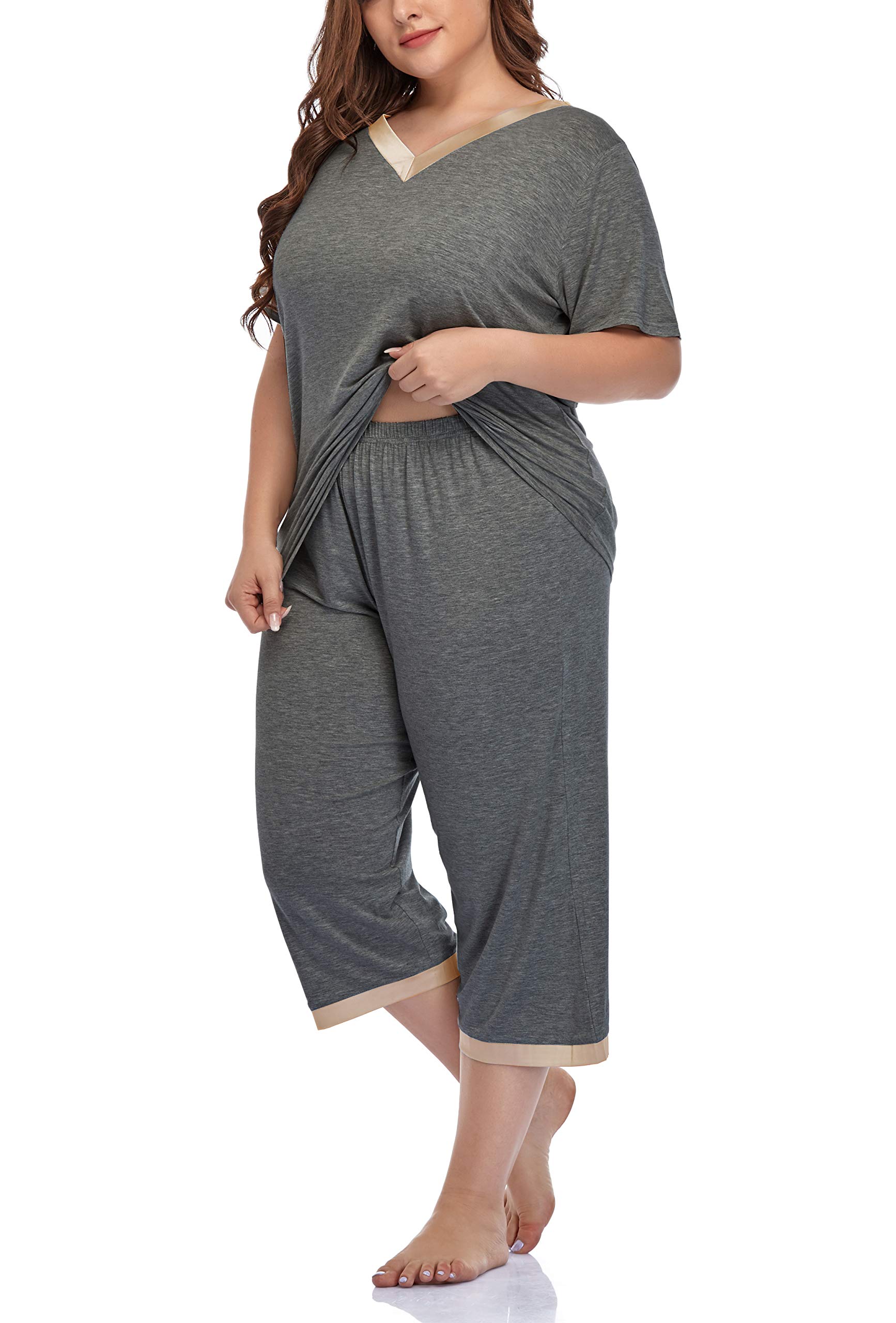 ZERDOCEAN Women's Plus Size Pajama Sets - Soft Sleepwear Short Sleeve Tops & Capri Pants for Lounge & Nightwear | Cozy PJ Sets for Relaxing at Home, Sleepovers & Vacation Comfort