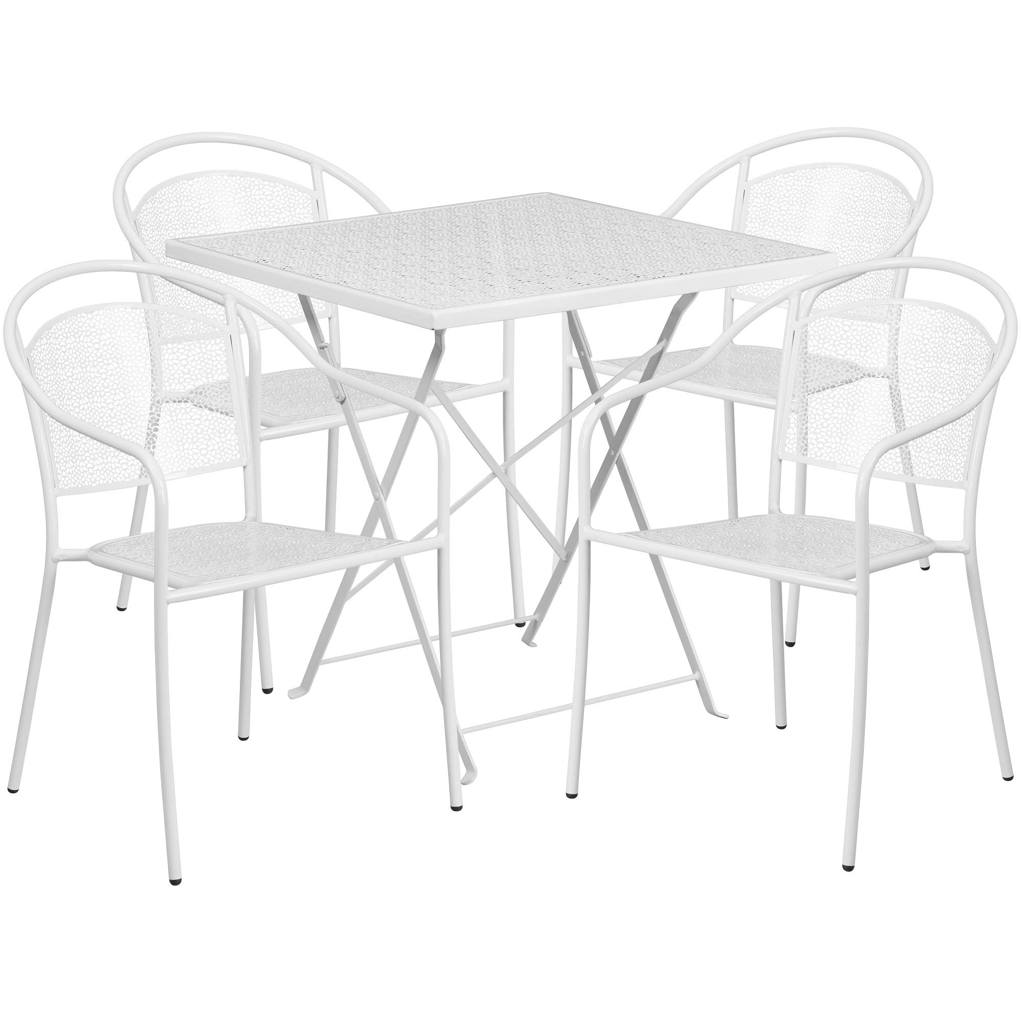 F&F Furniture 5-Piece White Square Outdoor Patio Dining Set with Folding Table & Round Back Arm Chairs - Perfect for Garden, Poolside, and Backyard Entertaining