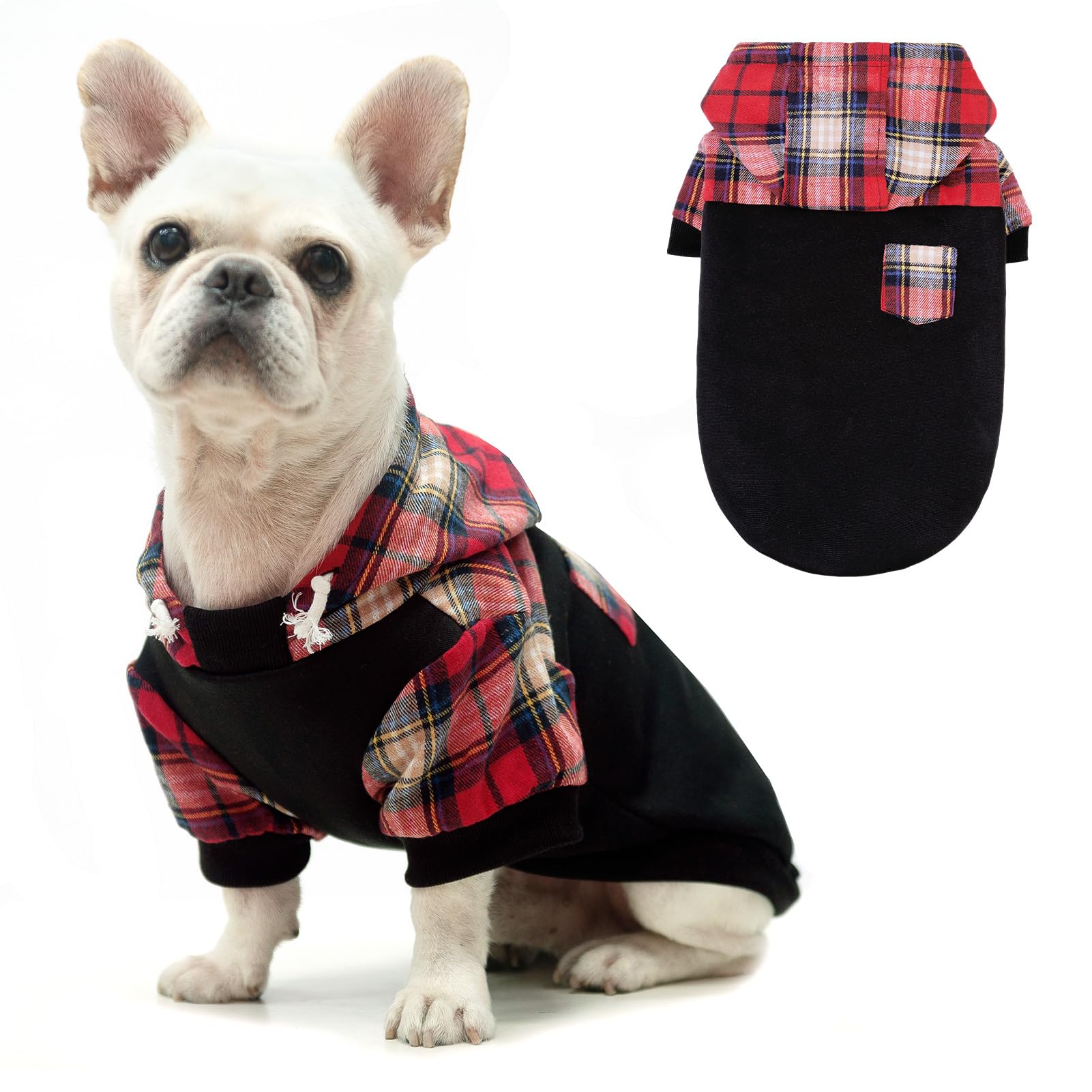Plaid Dog Hoodie for Small, Medium & Large Dogs - Warm Fleece Sweatshirt with Hat & Leash Hole | Soft Pullover Dog Sweater for Puppies, Bulldogs & All Breeds (XS, S, M, L) | Perfect for Winter Walks, Outdoor Adventures & Photo Shoots