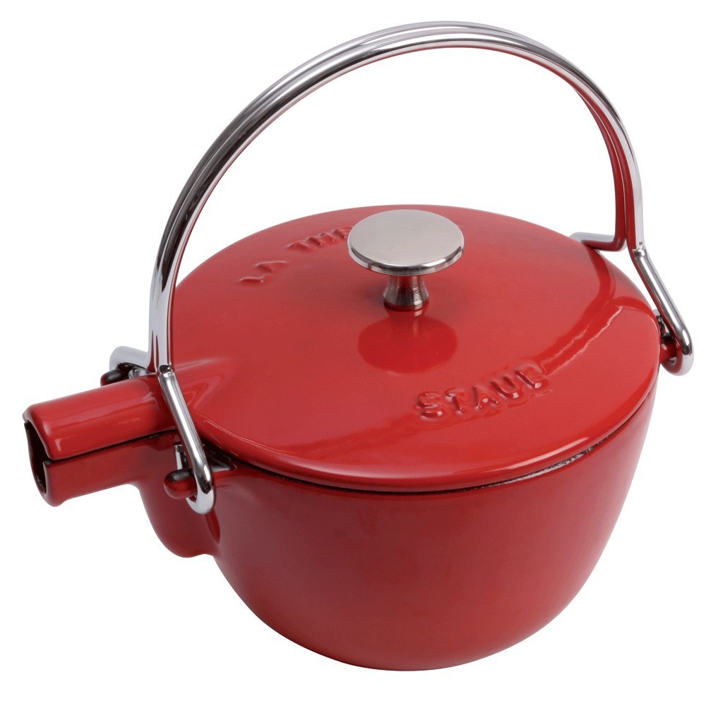 Staub 1-Quart Cast Iron Round Tea Kettle - Cherry Red, French-Made Enameled Teapot for Stovetop & Tea Brewing | Perfect for Home, Office & Gift Giving