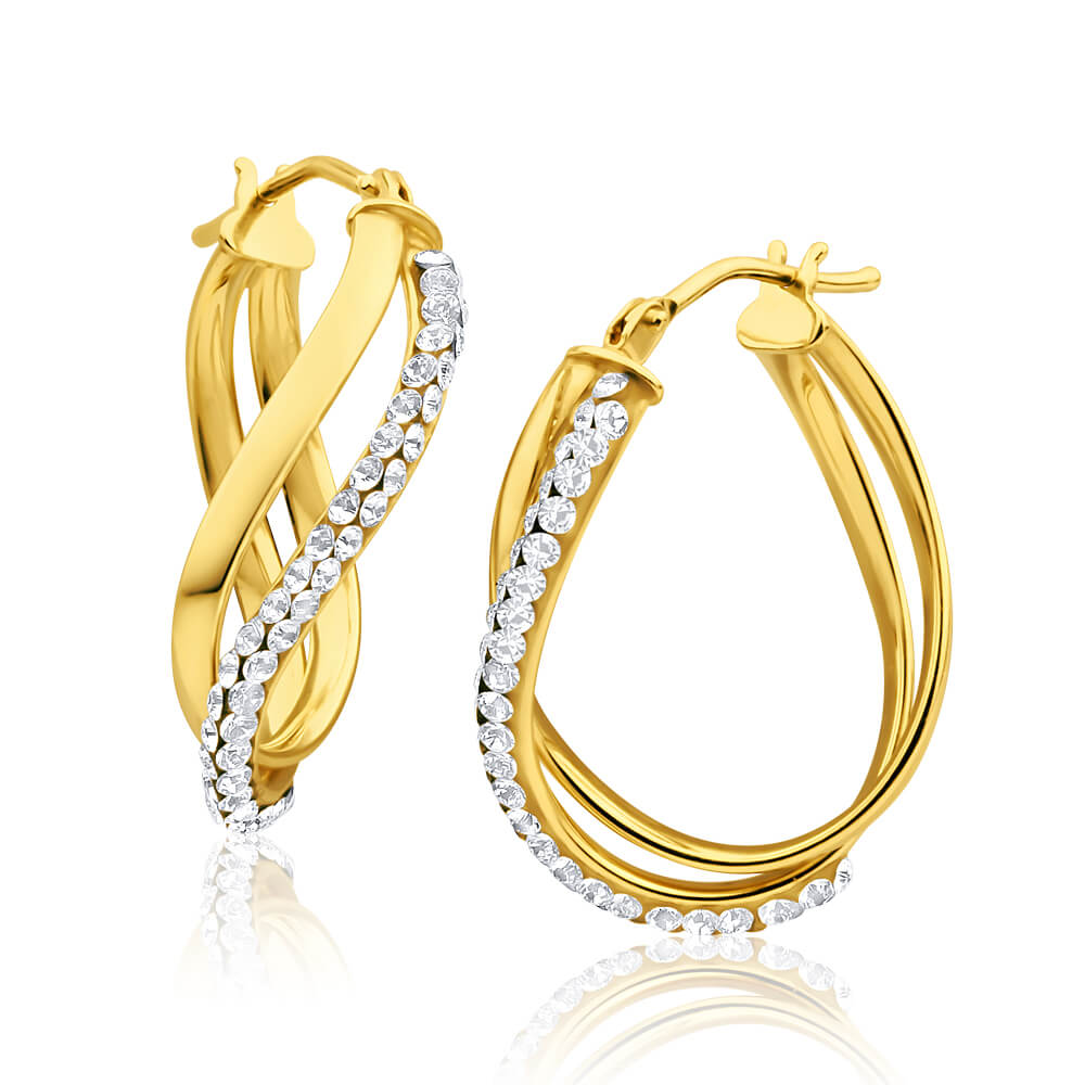 9ct Yellow Gold Crystal Hoop Earrings for Women - Elegant Dangle Earrings for Party, Wedding & Everyday Wear - Sparkling Fashion Jewelry Gift