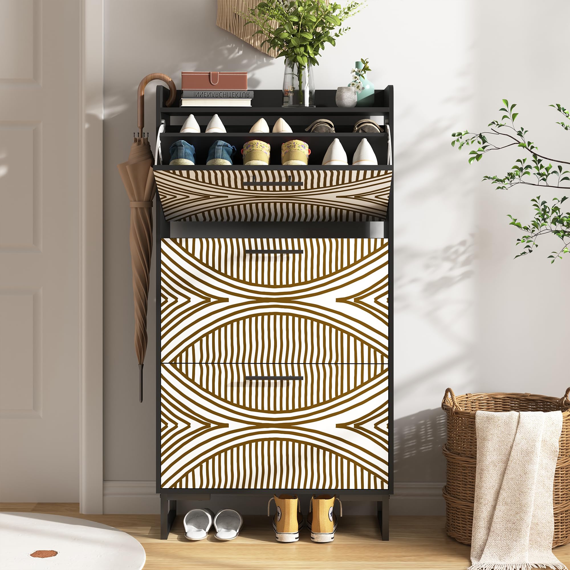 Spaco Narrow Shoe Storage Cabinet with 3 Flip Drawers - Slim Hidden Shoe Rack Organizer with Metal Legs for Entryway & Hallway - Perfect for Small Spaces & Apartment Living