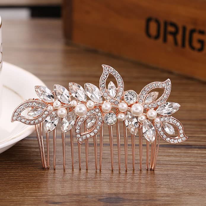 Elegant Rose Gold Crystal Bridal Hair Comb with Pearl & Rhinestone Leaf Design - Wedding Hair Accessories for Bride & Women - Perfect for Weddings, Prom, Parties & Special Occasions