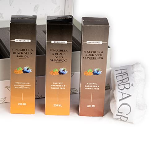 Herba Grace Gift Set - Fenugreek & Black Seed Hair Oil, Shampoo & Conditioner (200ml Each) with 600GSM Face Towel | For Dry, Frizzy Hair & Dandruff Treatment | Paraben & Sulfate Free | Men & Women | Perfect for Daily Hair Care & Spa Relaxation at Home