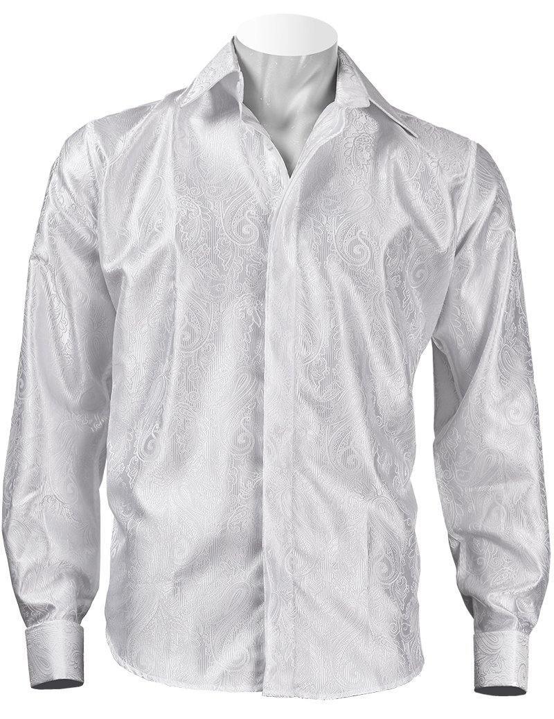 Elegant White Paisley Jacquard Long Sleeve Button Down Shirt for Men - Perfect for Office Wear, Date Nights & Formal Occasions