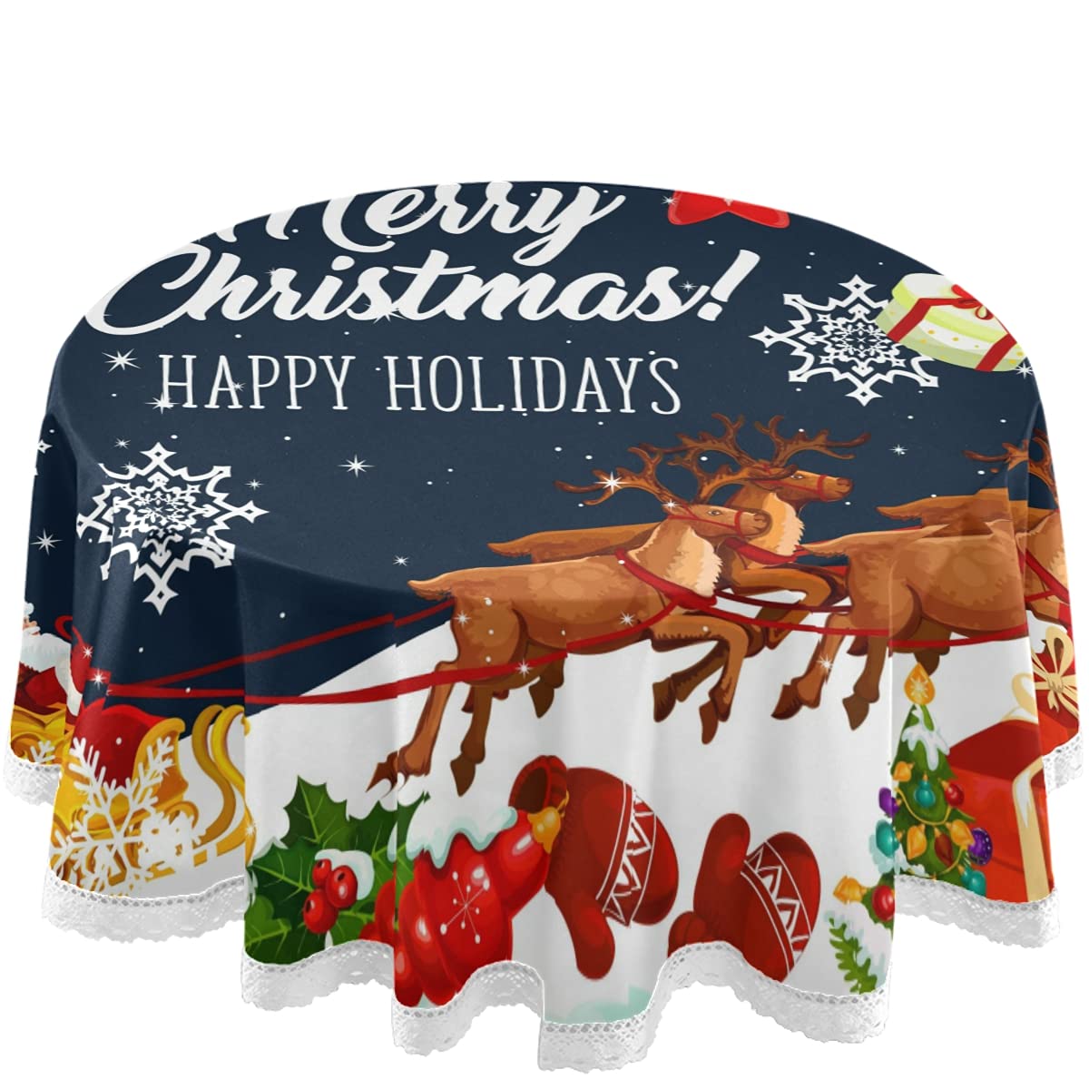 60 Inch Round Christmas Santa Sleigh Tablecloth - Waterproof Holiday Table Cover with Xmas Gift Design for Dining Room, Outdoor Wedding & Party Decorations | Perfect for Holiday Gatherings, Festive Dinners and Seasonal Home Decor