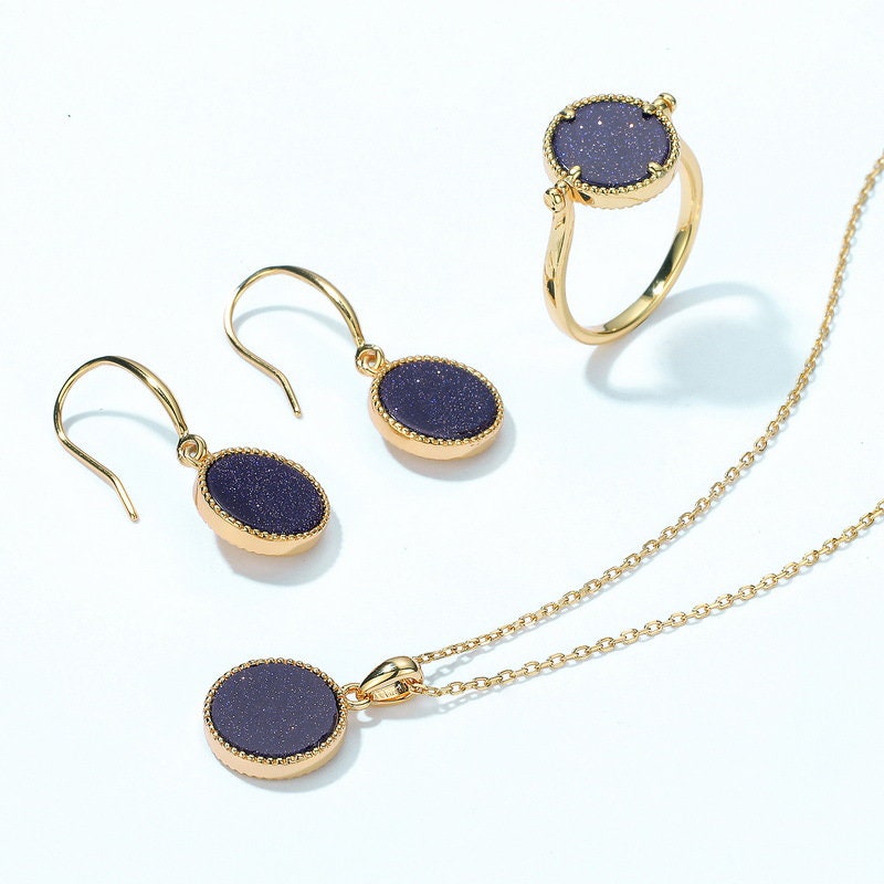 Elegant Blue Sandstone Wedding Jewelry Set - Solitaire Blue Goldstone Yellow Gold Minimalist Pendant Necklace & Stud Earrings for Brides, Engagement & Special Occasions