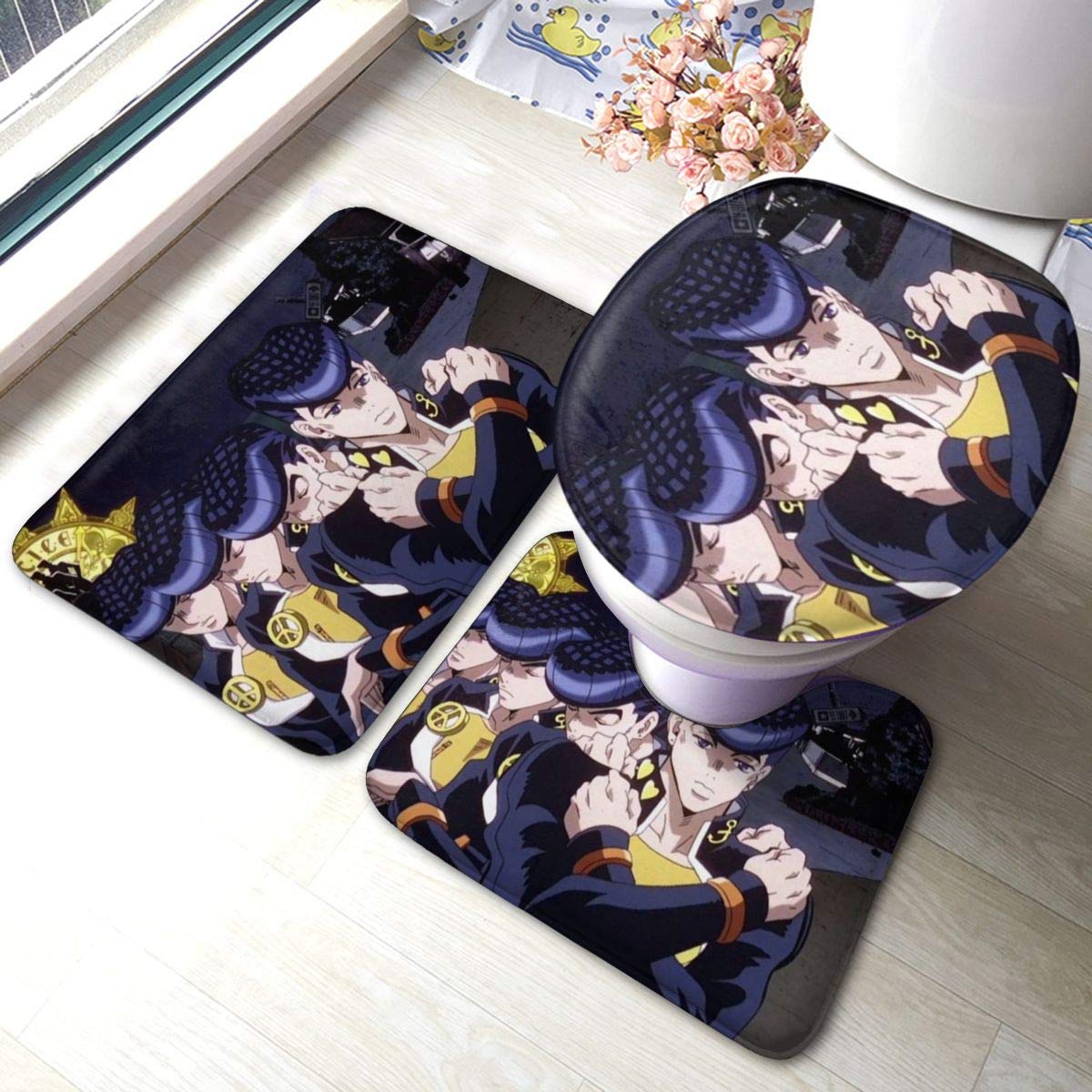 JoJo's Bizarre Adventure 3D Printed Bathroom Rug Set - 3 Piece Non-Slip Bath Mat, Contour Mat & Toilet Lid Cover - Soft Absorbent Microfiber for Bathroom Safety & Decor - Perfect for Anime Fans' Home, Dorm or Gift