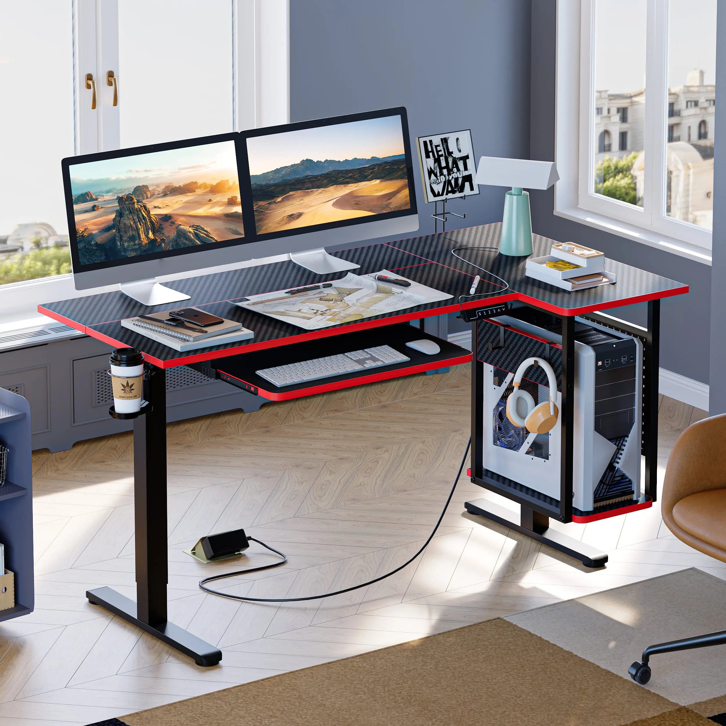 Bestier L-Shaped Standing Desk with Adjustable Keyboard Tray - Ergonomic Home Office Workstation for Computer, Gaming & Study | Space-Saving Corner Desk Design