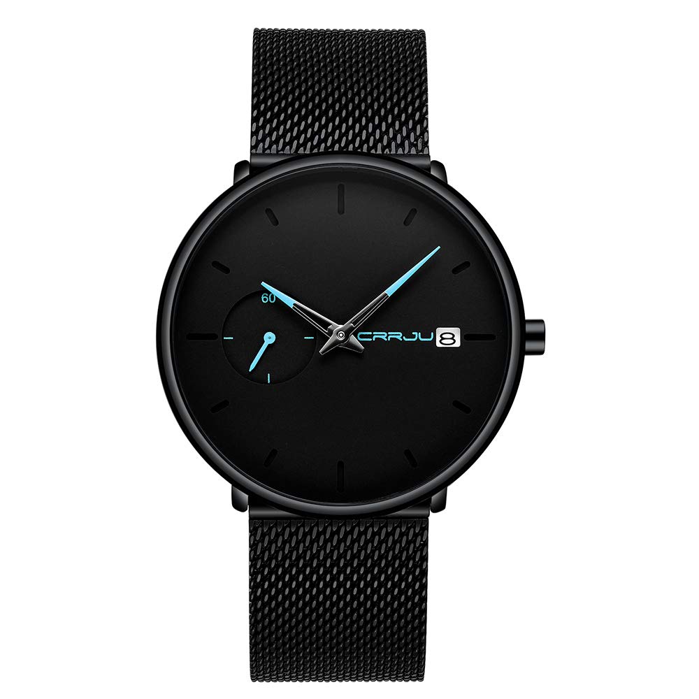 Ultra Thin Minimalist Luxury Men's Watch with Stopwatch & Calendar, Waterproof Quartz Business Casual Wristwatch - Blue Hands & Stainless Steel Mesh Band for Office, Dating, and Formal Events