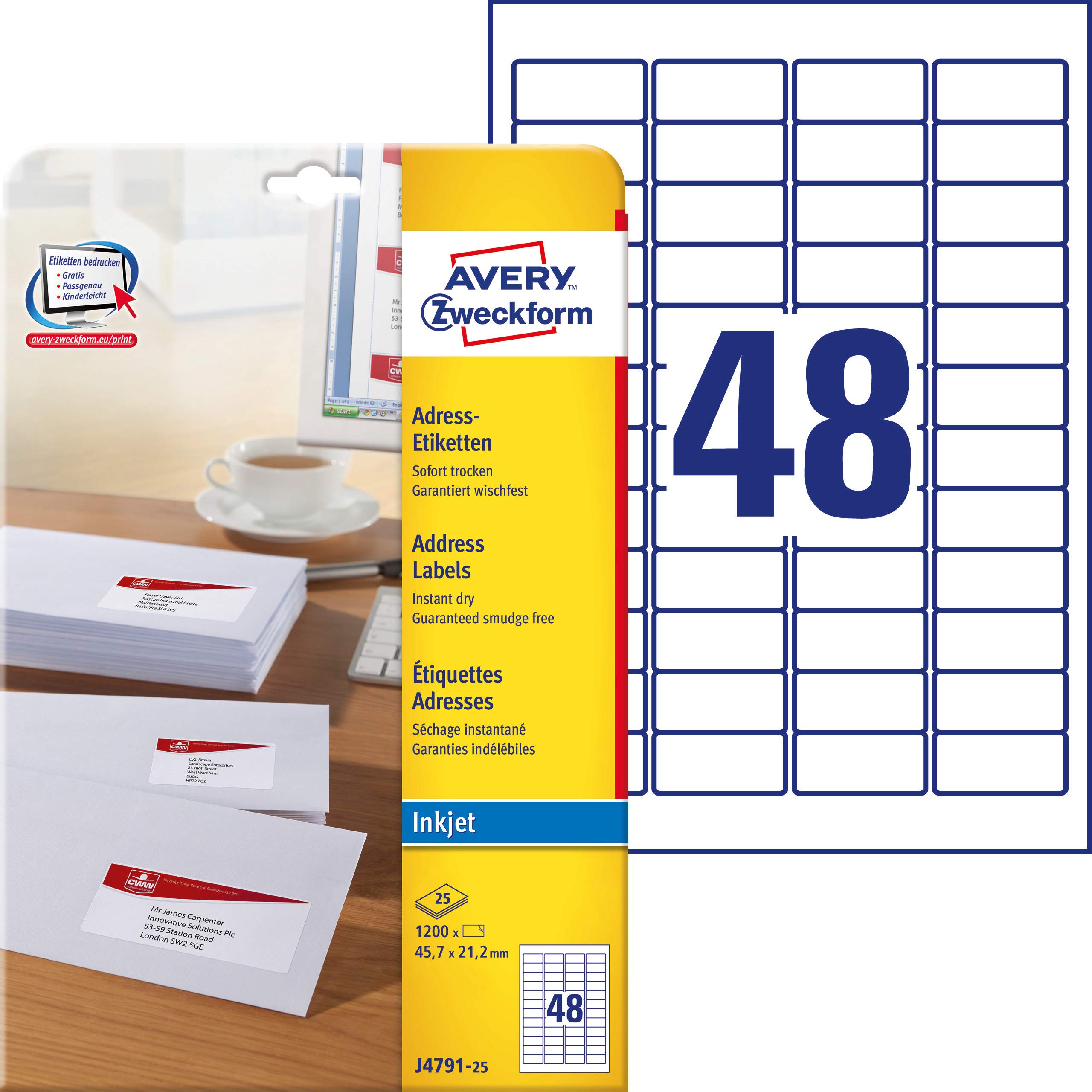 AVERY Zweckform J4791-25 Printable Address Labels - 1,200 Self-Adhesive White Labels (45.7 x 21.2 mm, A4, Matte Paper) for Inkjet Printers - Perfect for Return Shipping, Mailing & Organization