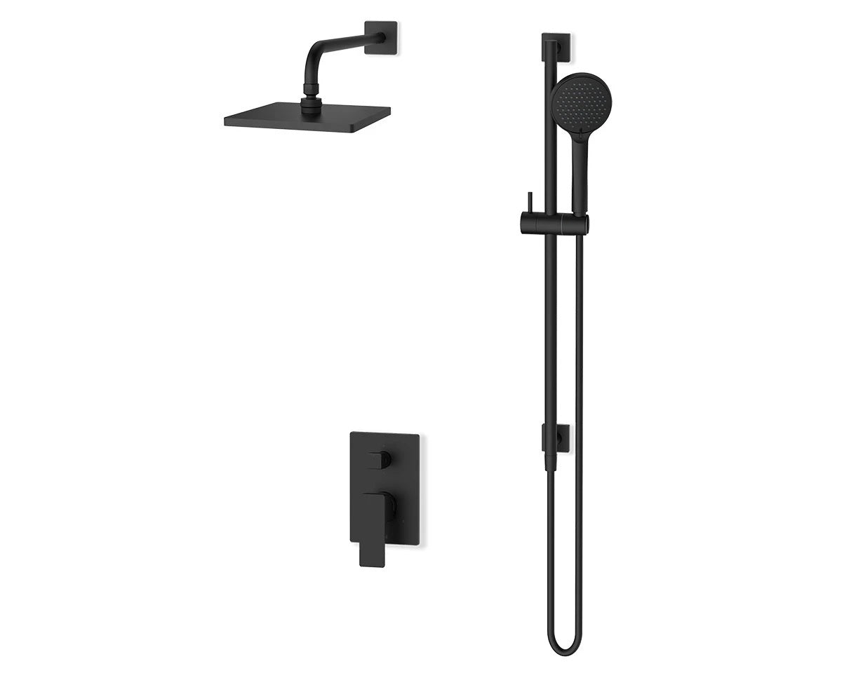 FLUID Quad Rain Shower & Hand Shower Combo with Adjustable Slide Bar and Control Valve in Matte Black - Perfect for Modern Bathroom & Spa-Like Shower Experience
