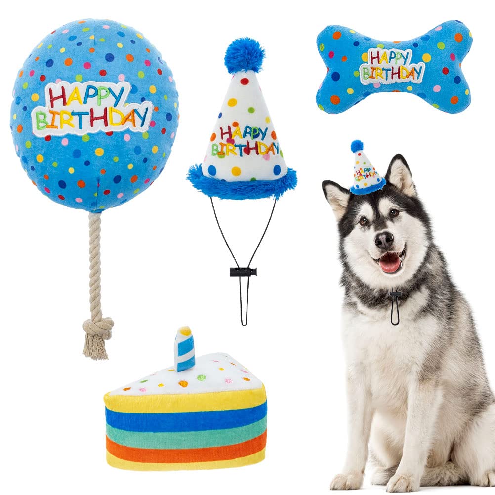 Dog Birthday Hat with Cake & Plush Squeaky Toys - Puppy Party Supplies & Decorations for Dogs - Chew Toy Gift for Pet Celebrations - Perfect for Birthday Parties & Photo Shoots