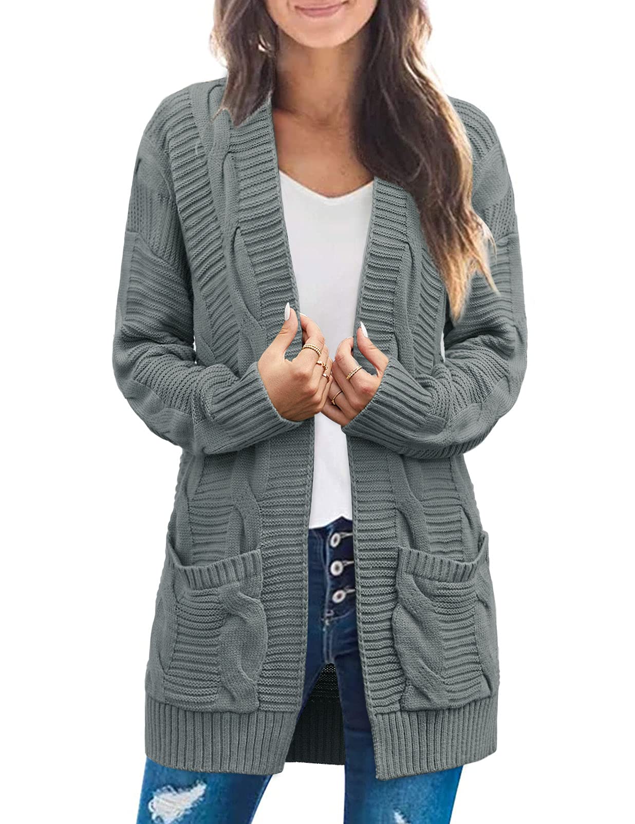 SYZRI Women's Cable Knit Open Front Cardigan - Long Sleeve Chunky Sweater with Pockets | Cozy Winter Outwear for Casual Wear, Office & Date Nights