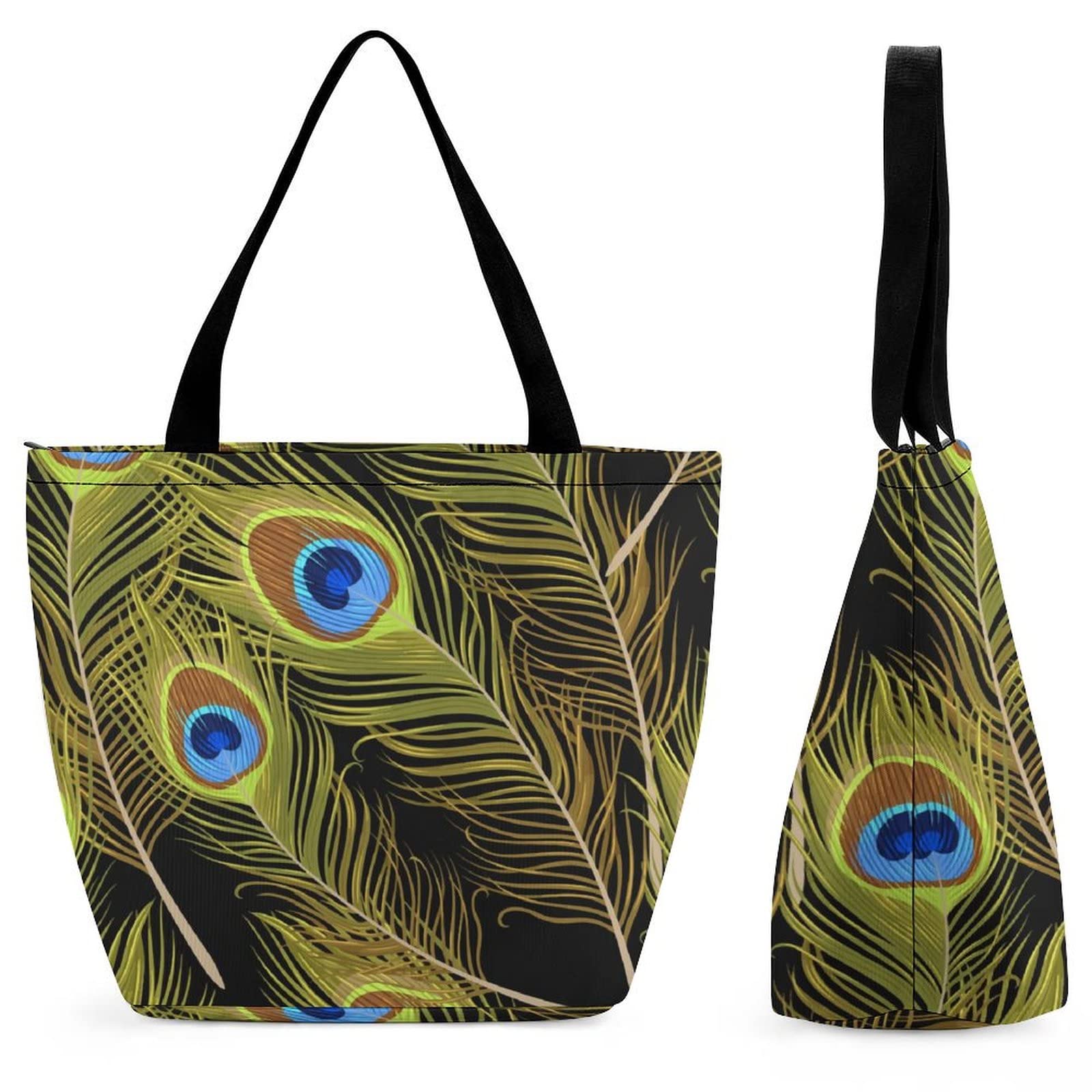 Eco-Friendly Large Peacock Feather Print Reusable Tote Bag - Fashionable Shopping Bag for Beach, Travel & Daily Use