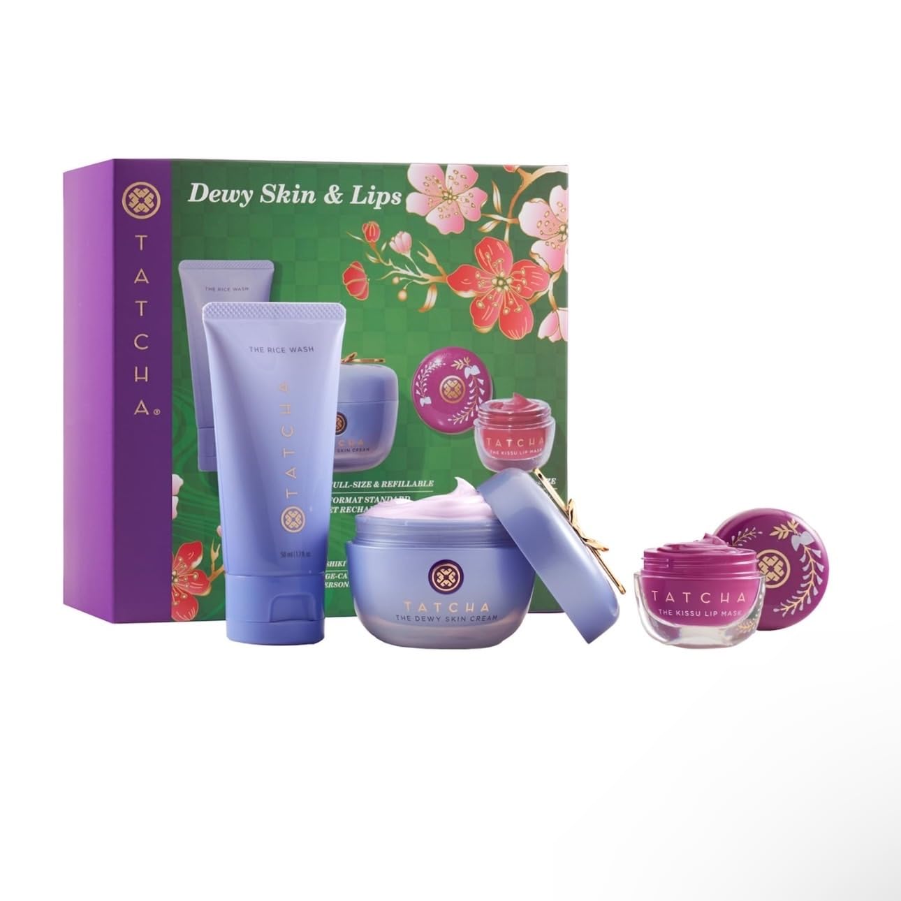 Tatcha Dewy Skin & Lip Hydrating Set - Travel Size Rice Wash, Full Size Dewy Skin Cream & Wisteria Lip Mask ($119 Value) | Skincare Gift Set for Dry Skin, Perfect for Travel & Nighttime Routine