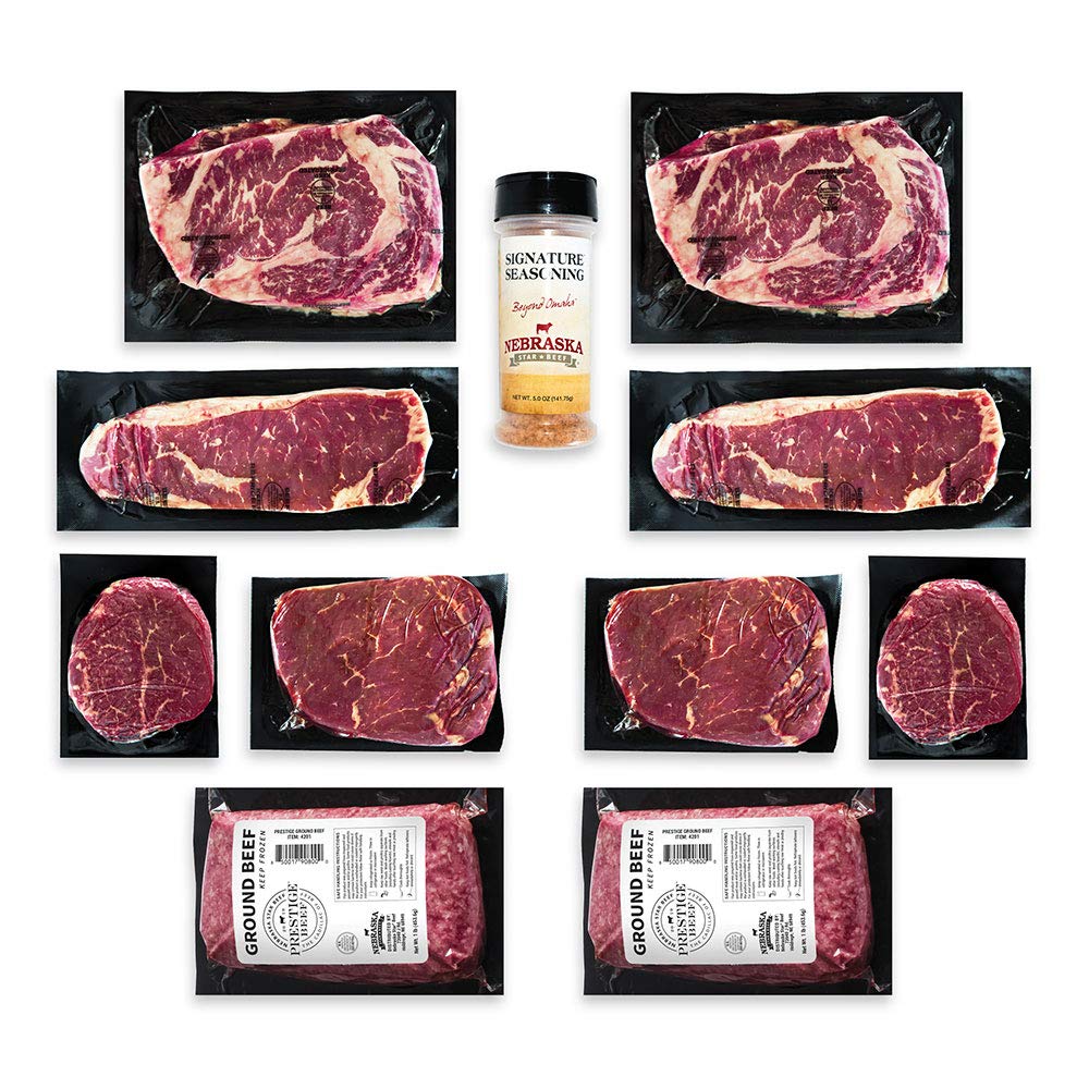 Premium Aged Angus Beef Bundle - Filet Mignon, Top Sirloin, NY Strip, Ribeye & Ground Beef - Hand-Cut, Trimmed & Seasoned - Nebraska Star Beef Steak Gift Box - Perfect for BBQ, Dinner Parties & Gourmet Gifts