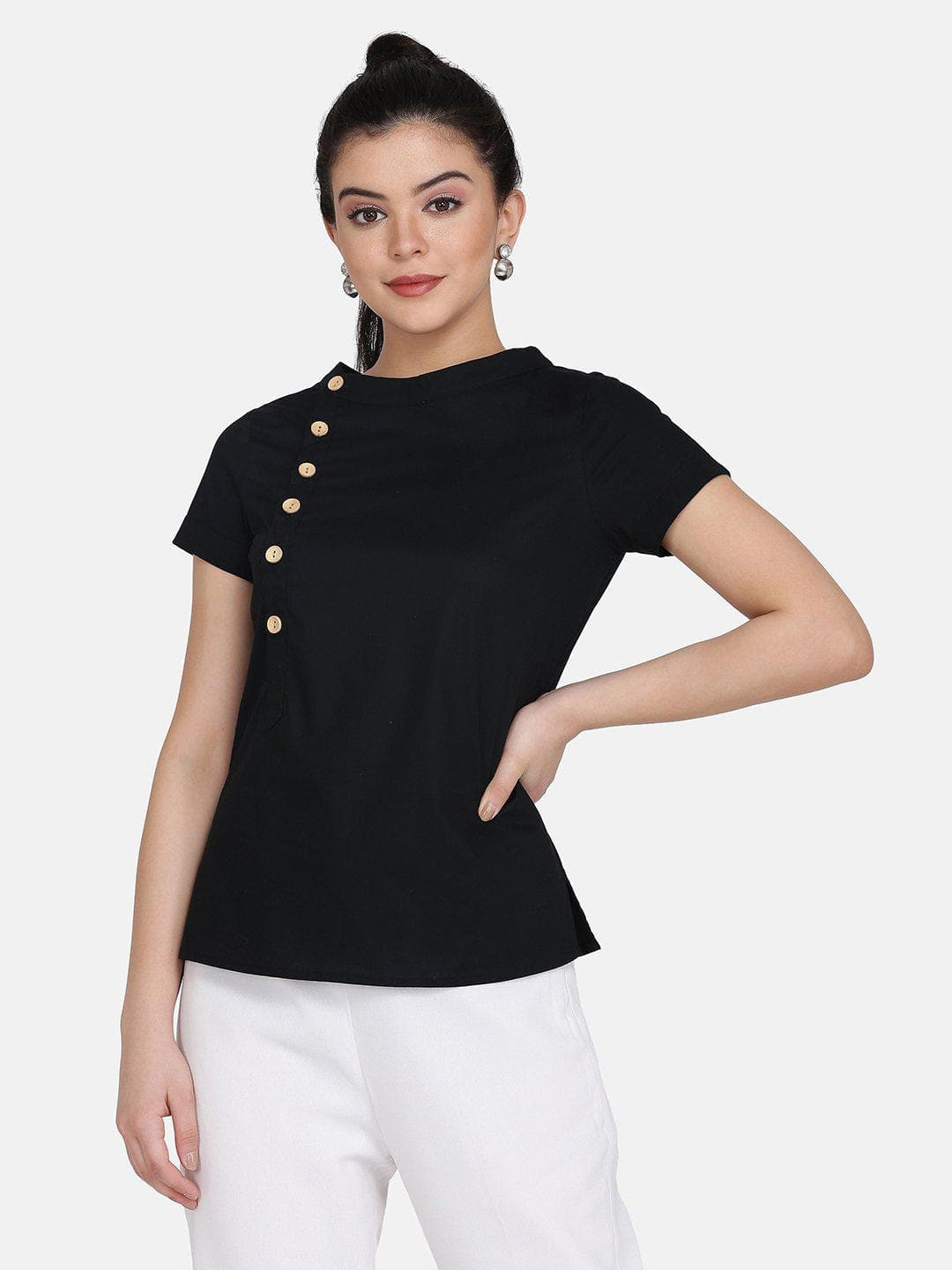 Stylish Cotton Top with Wood Button Detail - Black | Casual & Office Wear for Women | Perfect for Everyday Outfits & Work Attire